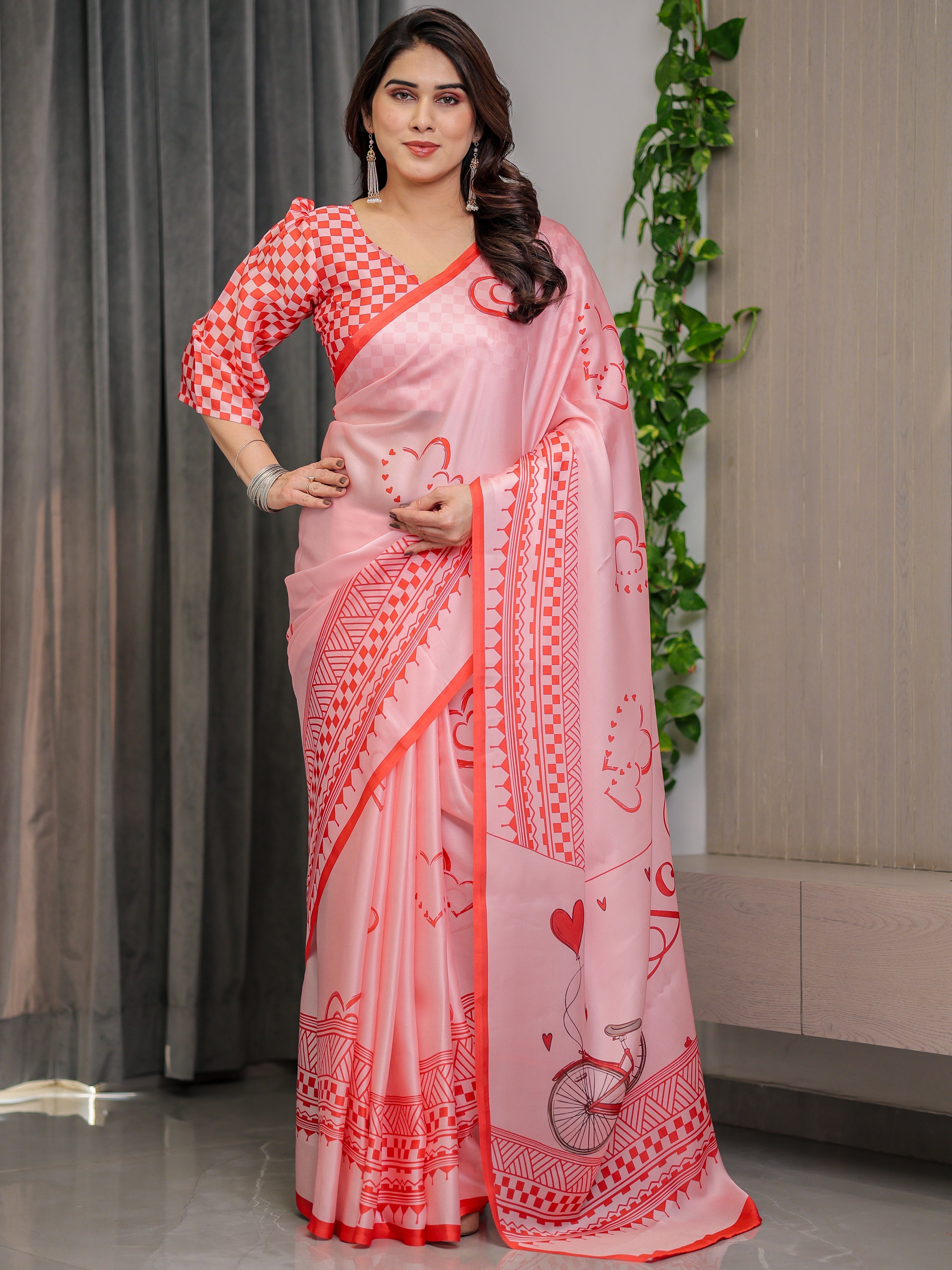 Blush Pink Satin Georgette Saree with Romantic Couple Illustration Pallu, Love Typography and Attached Red Checkered Blouse – 5.5 Meter Designer Saree for Valentine’s Day & Anniversary Wear