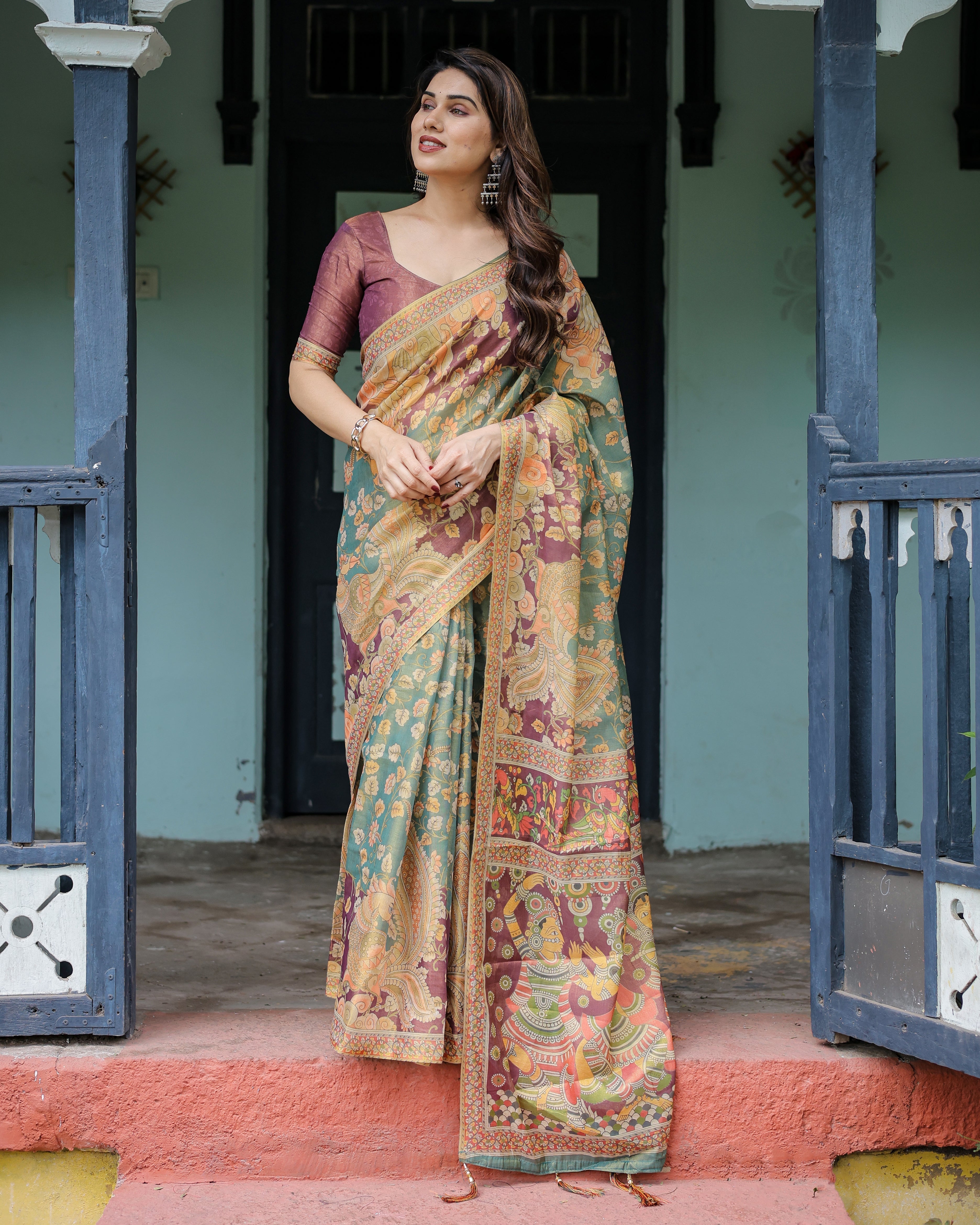 Sage Green & Maroon Handloom Cotton Saree with Mythical Tribal Art and Floral Motifs