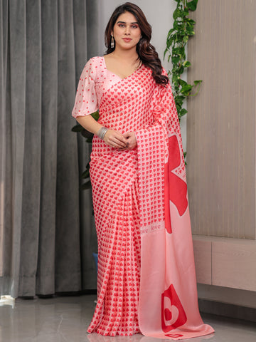 Soft Blush Pink Satin Georgette Heart Printed Saree with Gradient Love Motif Pallu & Matching Blouse