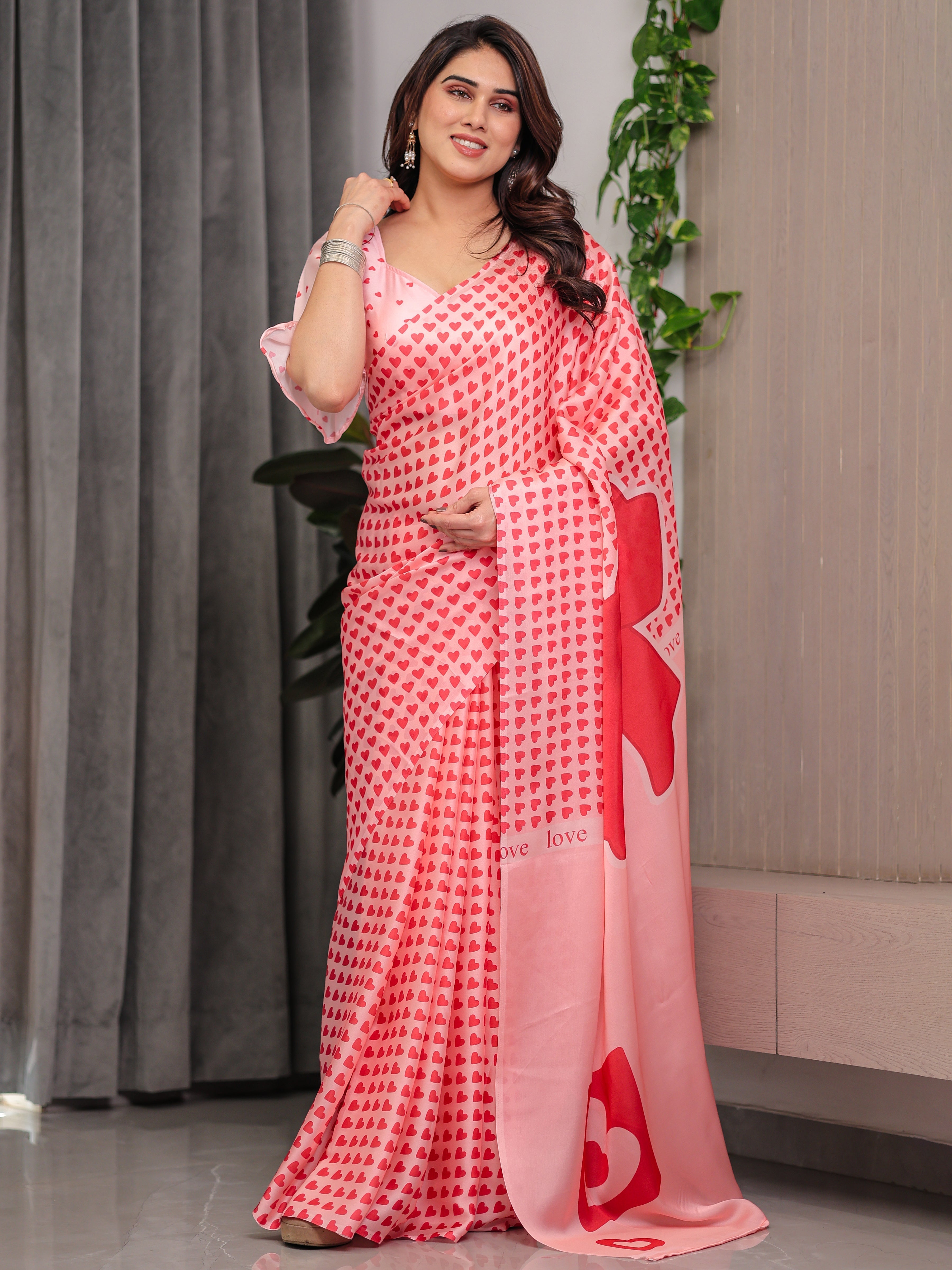Soft Blush Pink Satin Georgette Heart Printed Saree with Gradient Love Motif Pallu & Matching Blouse