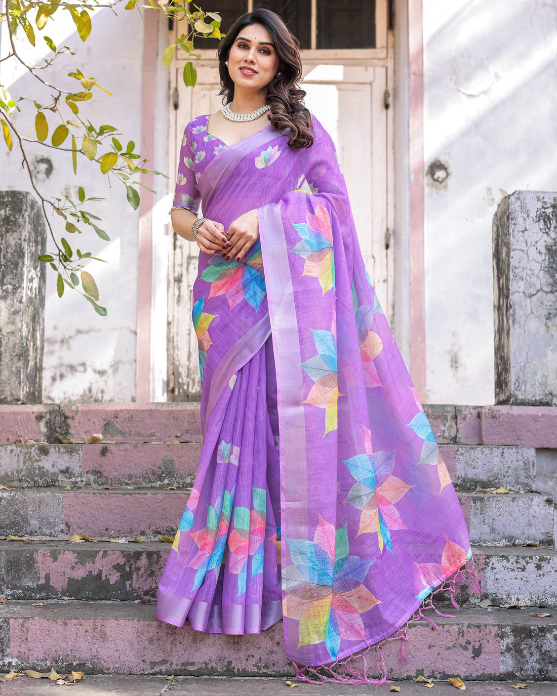 Elegant Multicolor Linen Saree with Traditional Patterns | Lightweight Festive Wear