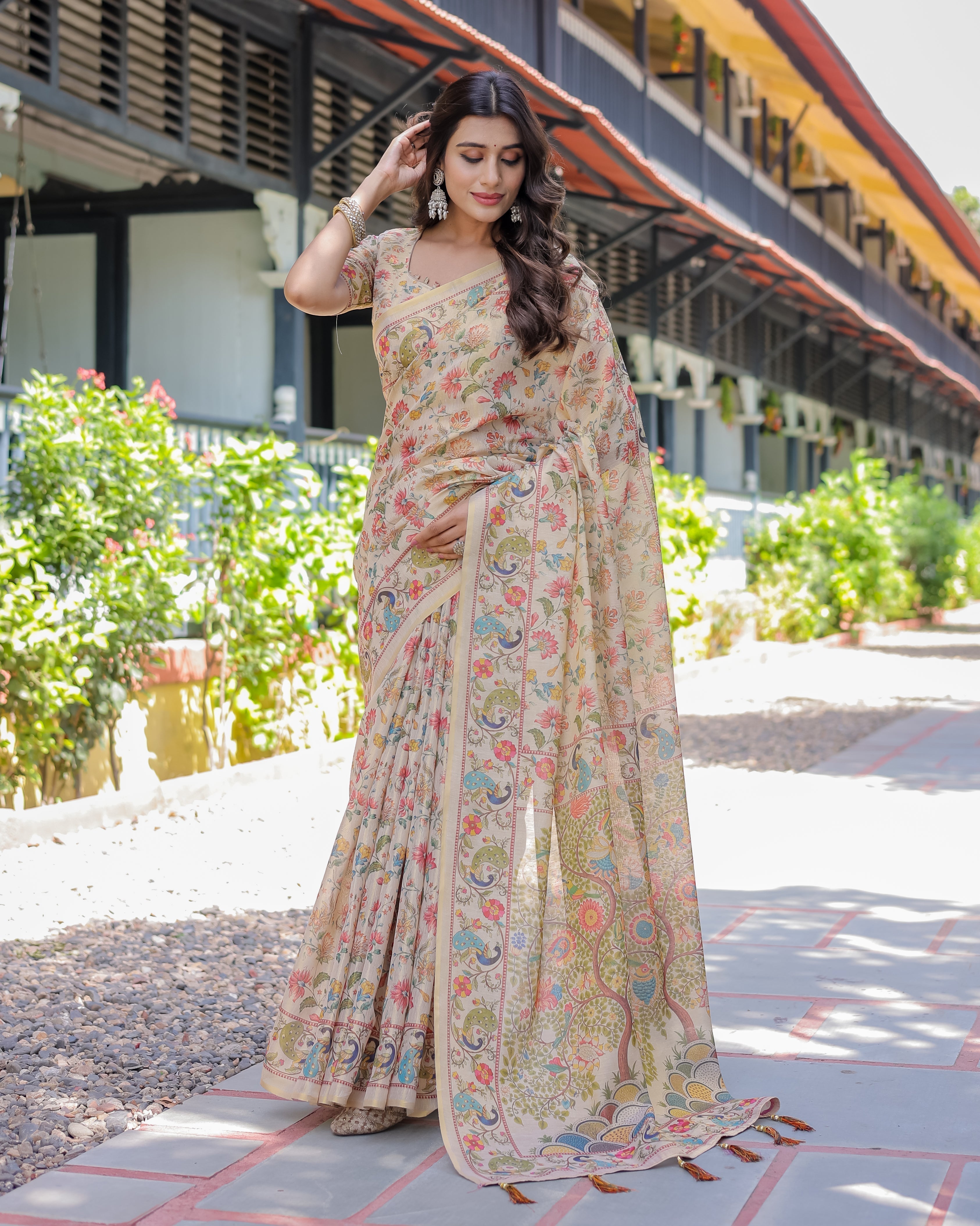 Ivory Beige Handloom Cotton Saree with Multicolor Floral & Peacock Tree of Life Pallu