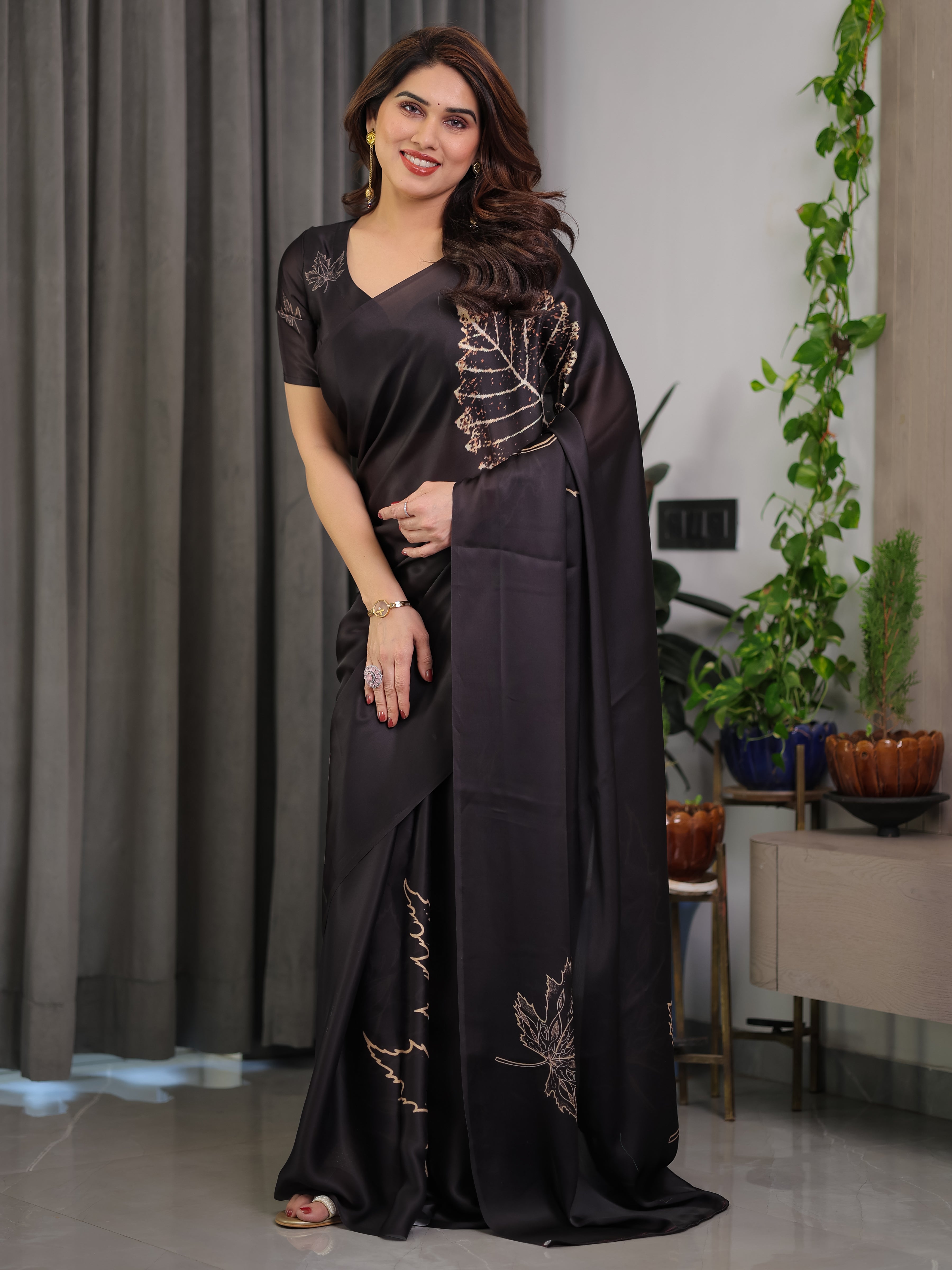 Black Satin Georgette Saree with Gold Leaf Outline Print & Designer Attached Blouse – Elegant Minimal Botanical Saree
