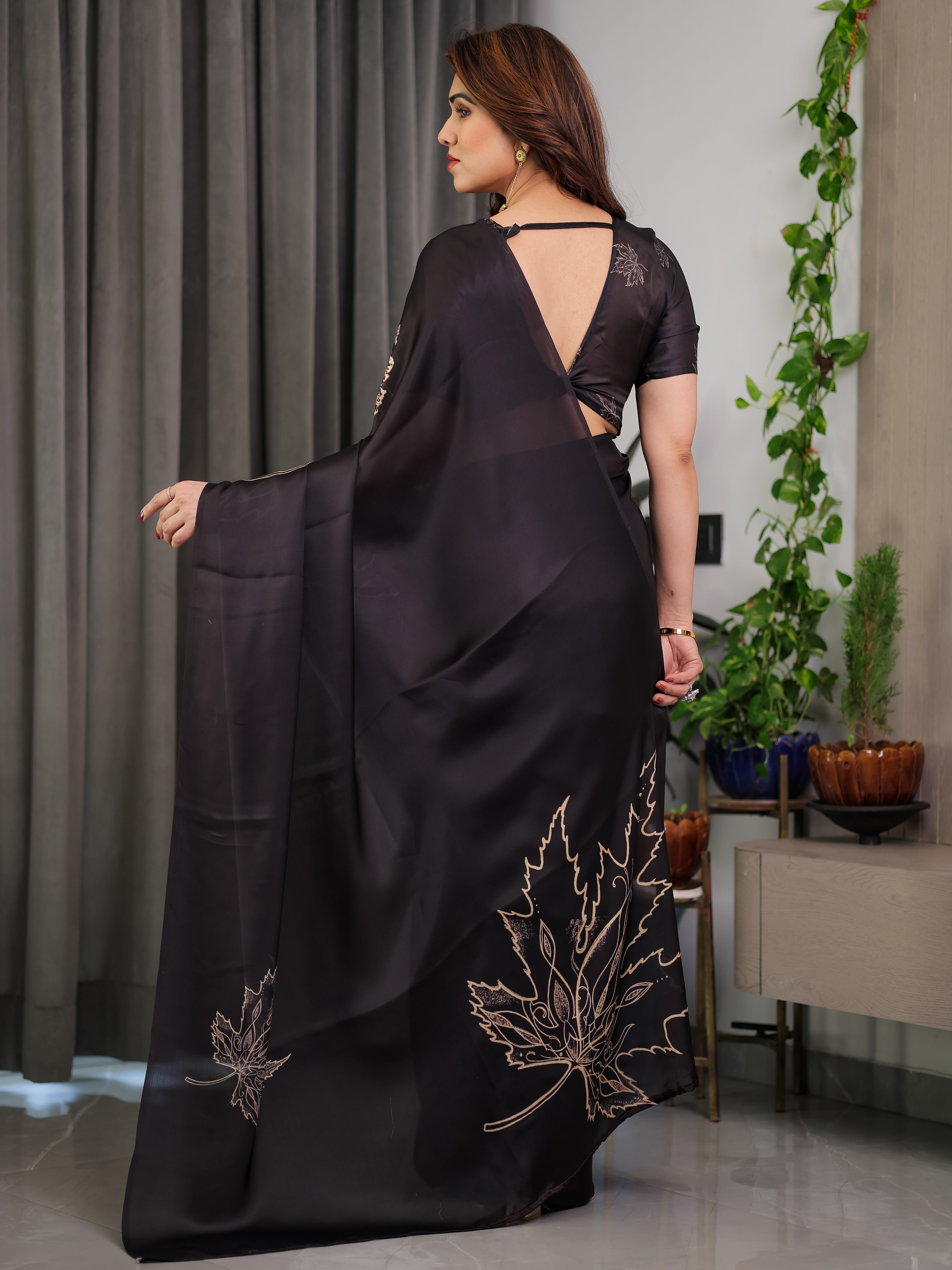 Black Satin Georgette Saree with Gold Leaf Outline Print & Designer Attached Blouse – Elegant Minimal Botanical Saree
