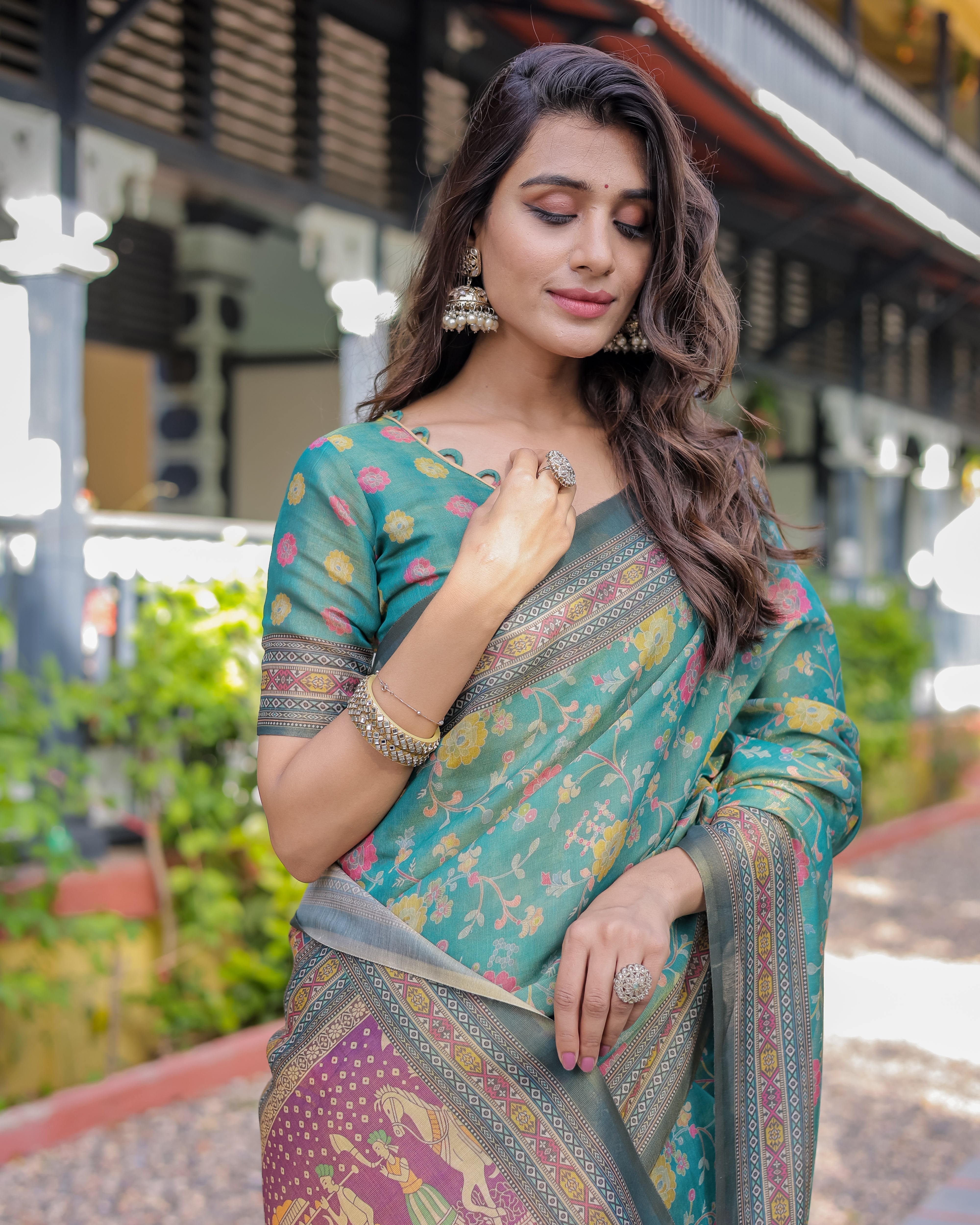 Sea Green Handloom Cotton Saree with Multicolor Floral & Royal Procession Pallu