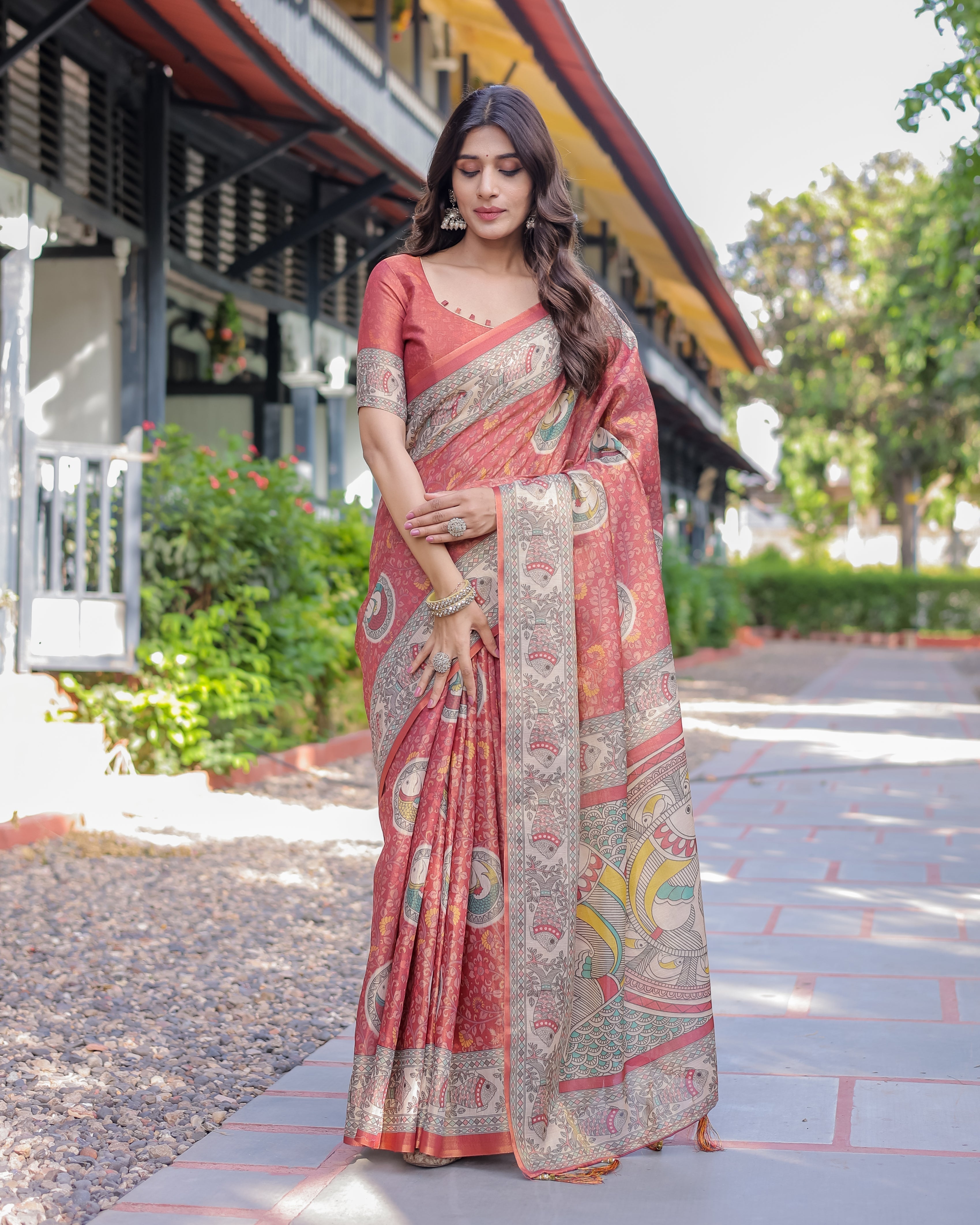 Rust Red Madhubani Fish Art Pure Handloom Cotton Saree with Contrast Blouse & Tassels