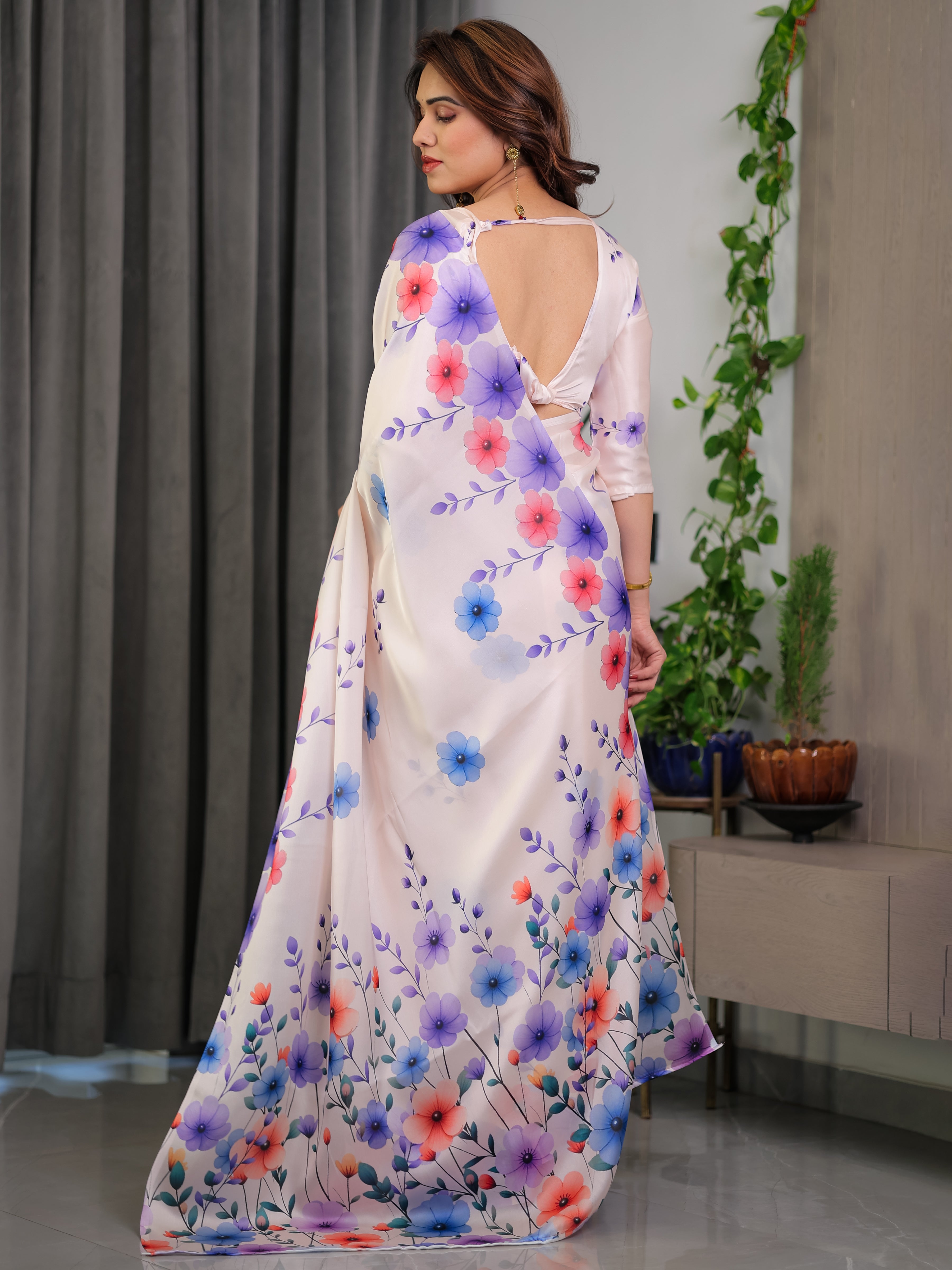 Cream Satin Georgette Multicolor Floral Printed Saree with Attached Blouse – Soft Pastel Designer Saree for Festive & Elegant Wear