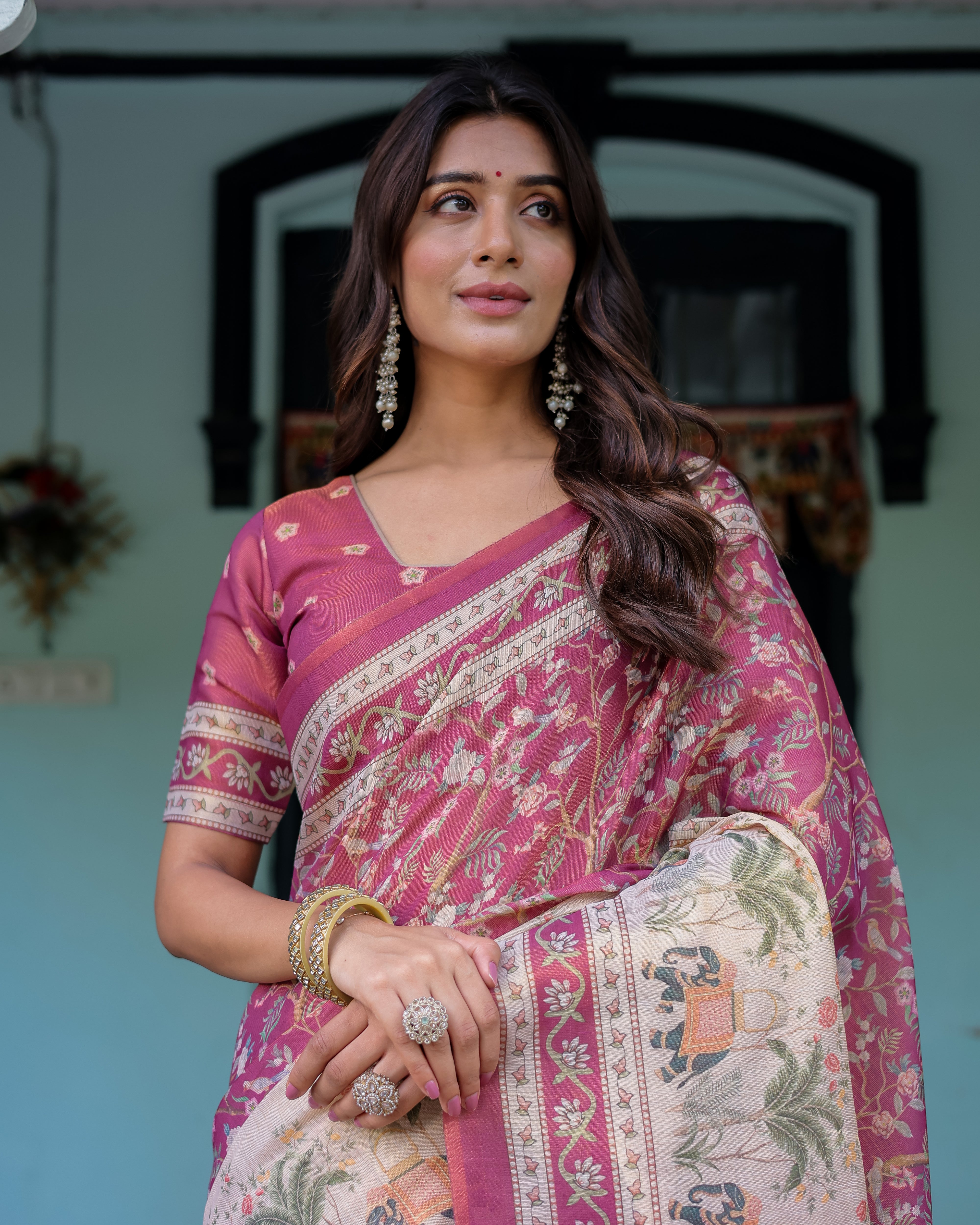 Rose Pink Handloom Cotton Saree with Ivory Elephant Procession Pallu & Floral Print