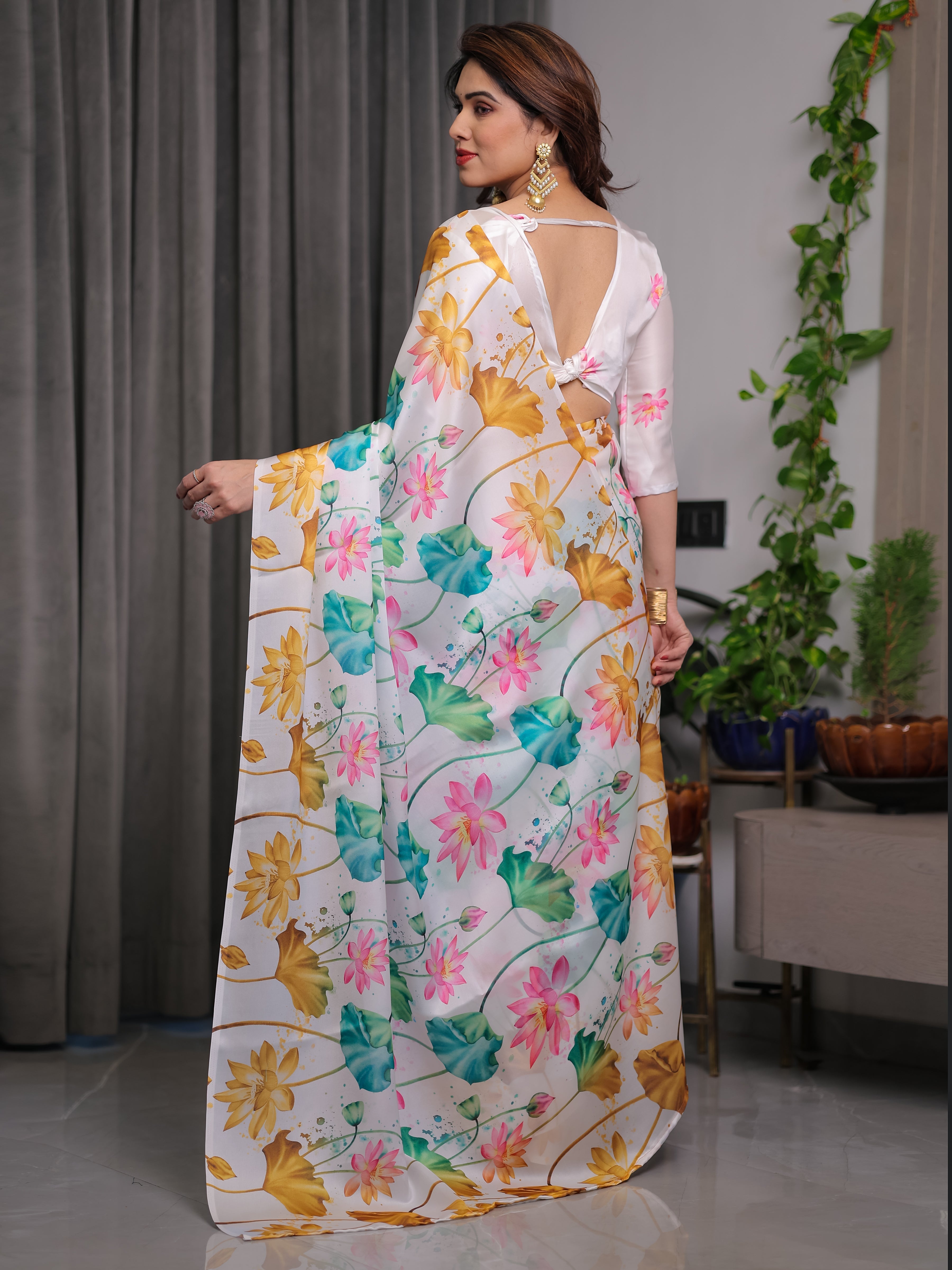 White Satin Georgette Lotus Floral Printed Saree with Attached Blouse – Elegant Watercolor Designer Saree for Festive & Graceful Occasions