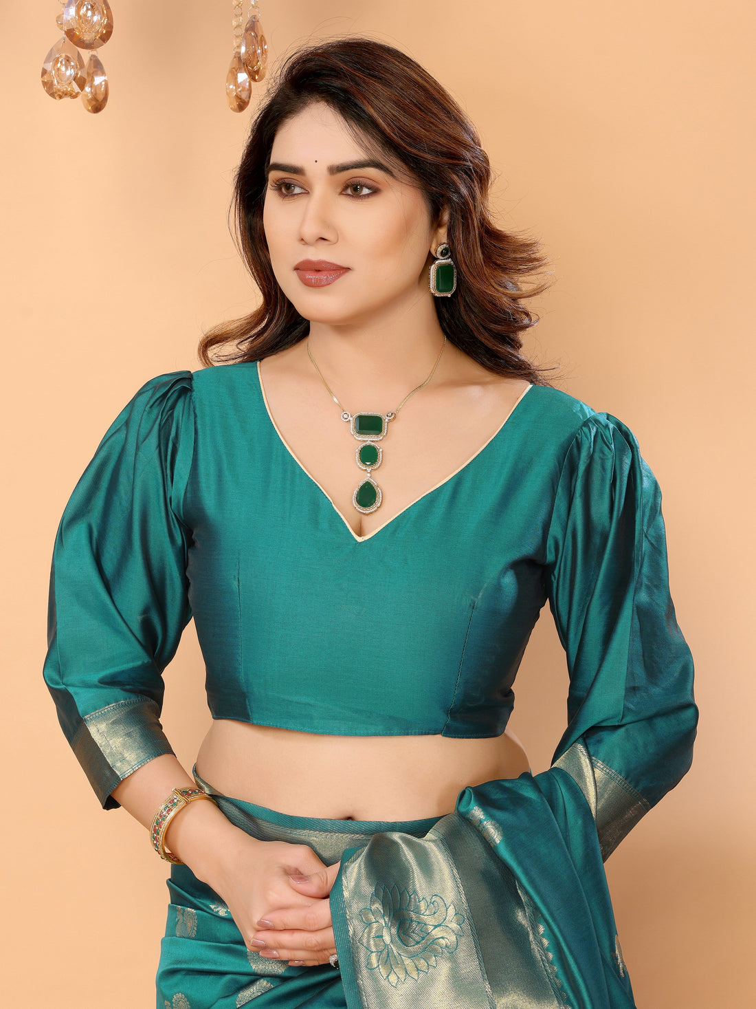 Teal Green Banarasi Silk Saree with Golden Zari Weaving & Peacock Digital Print Pallu – Festive & Wedding Wear
