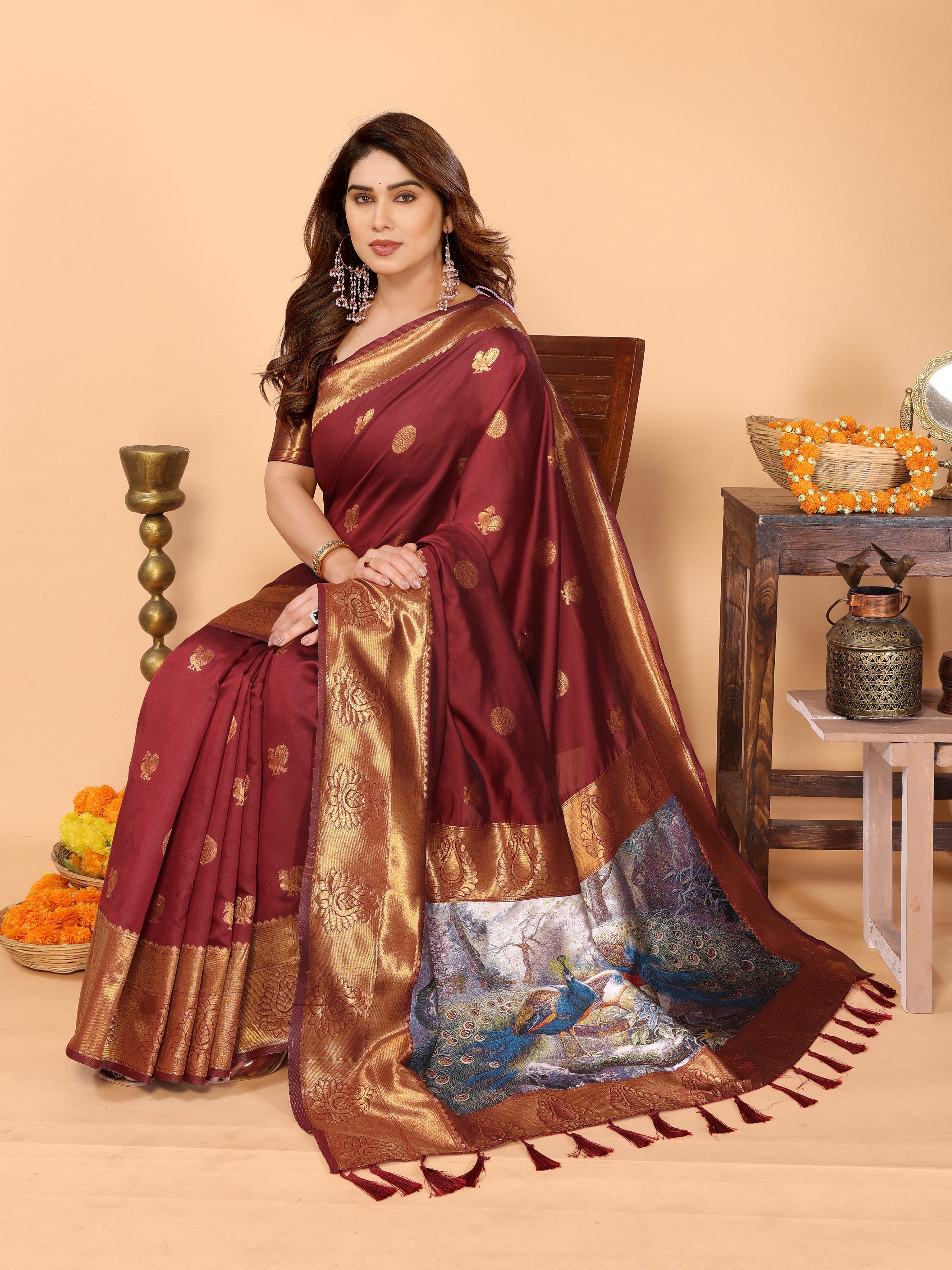 Maroon Banarasi Silk Saree with Golden Zari Woven Border & Peacock Digital Print Pallu – Bridal & Festive Special