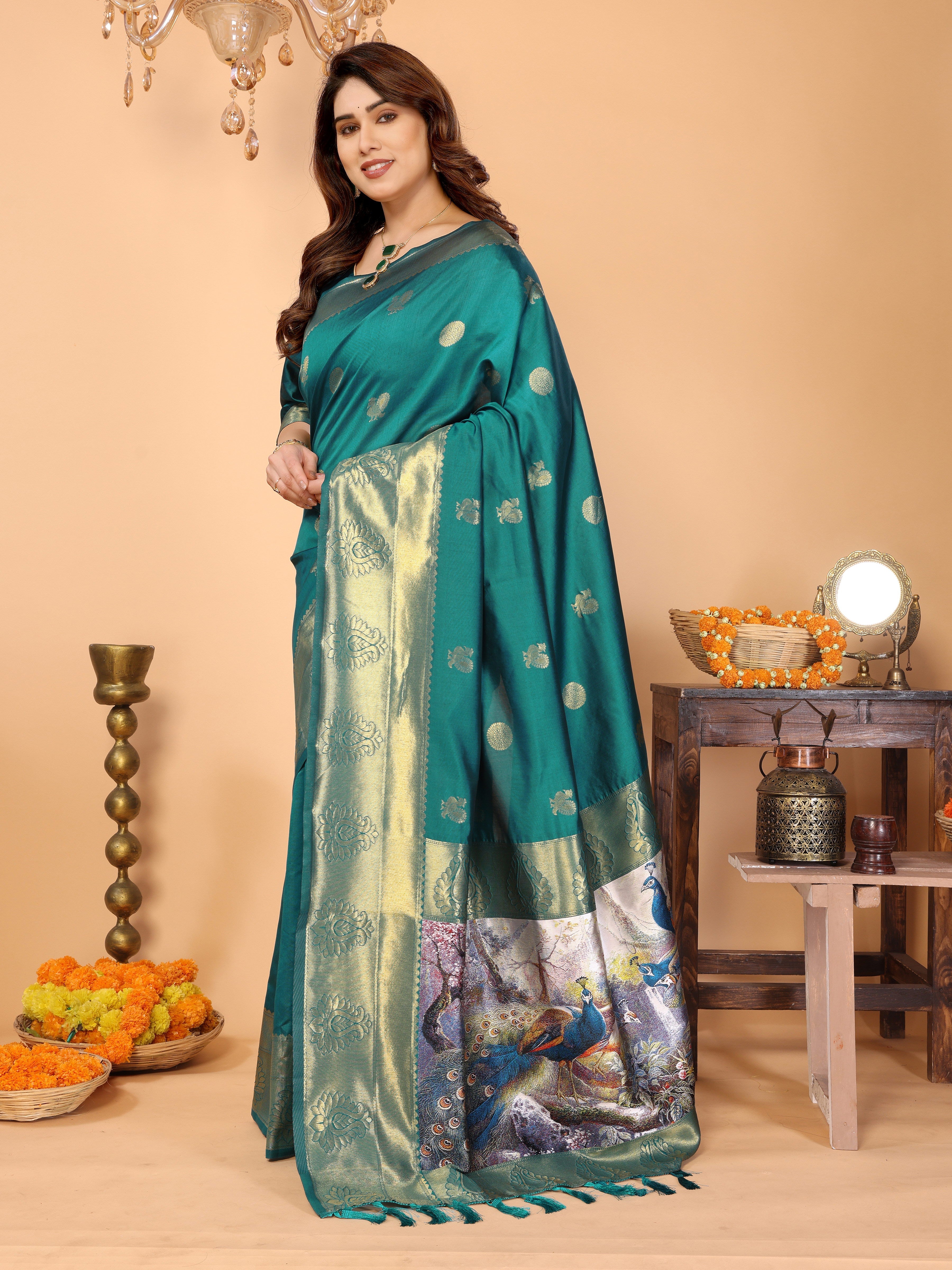 Teal Green Banarasi Silk Saree with Golden Zari Weaving & Peacock Digital Print Pallu – Festive & Wedding Wear