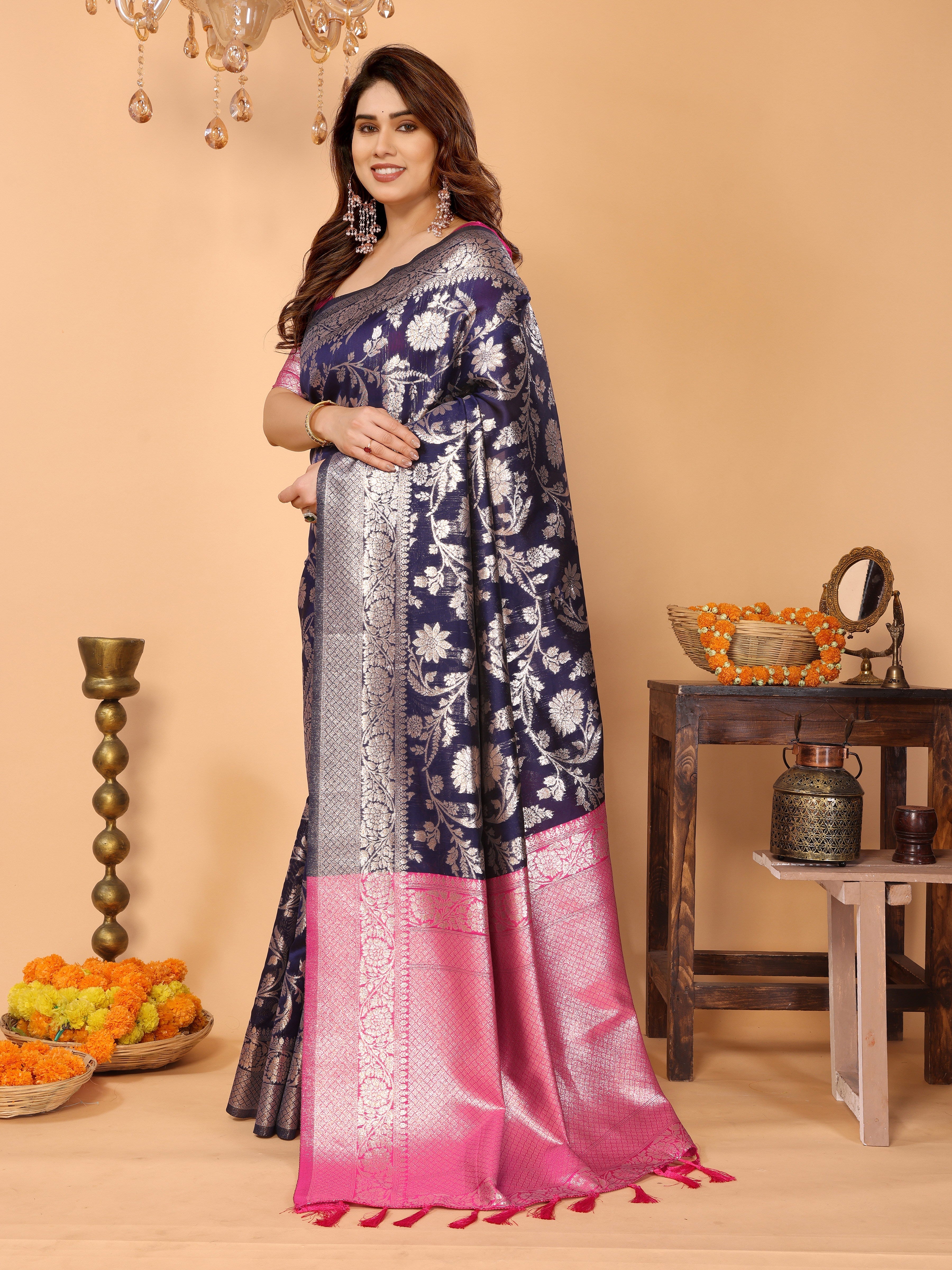 Navy Blue Banarasi Silk Saree with Silver Zari Floral Weaving & Pink Pallu – Elegant Traditional Saree for Festive & Wedding Wear