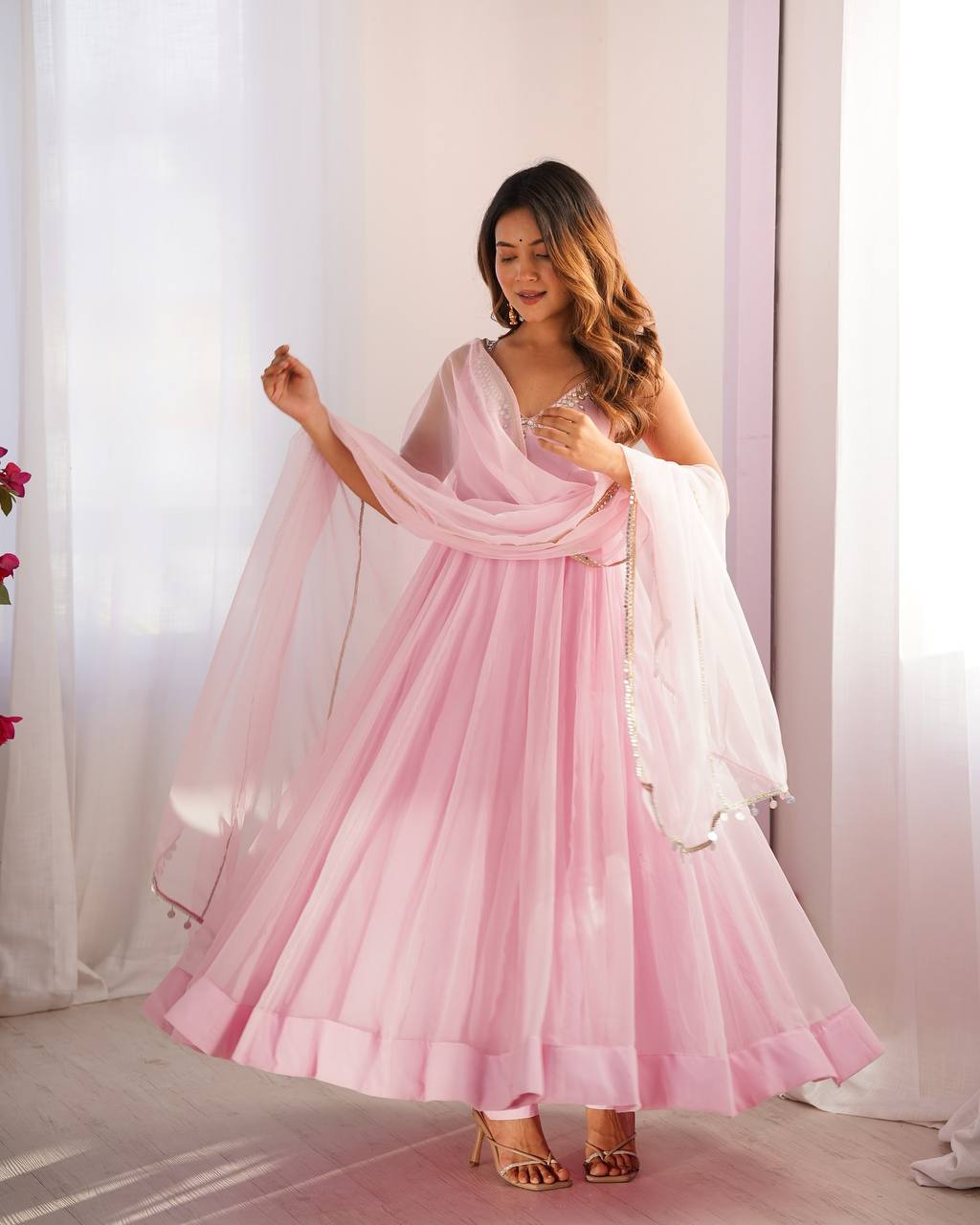 Soft Pink Floor-Length Anarkali Suit Set with Mirror Work, Zardozi &amp; Organza Dupatta