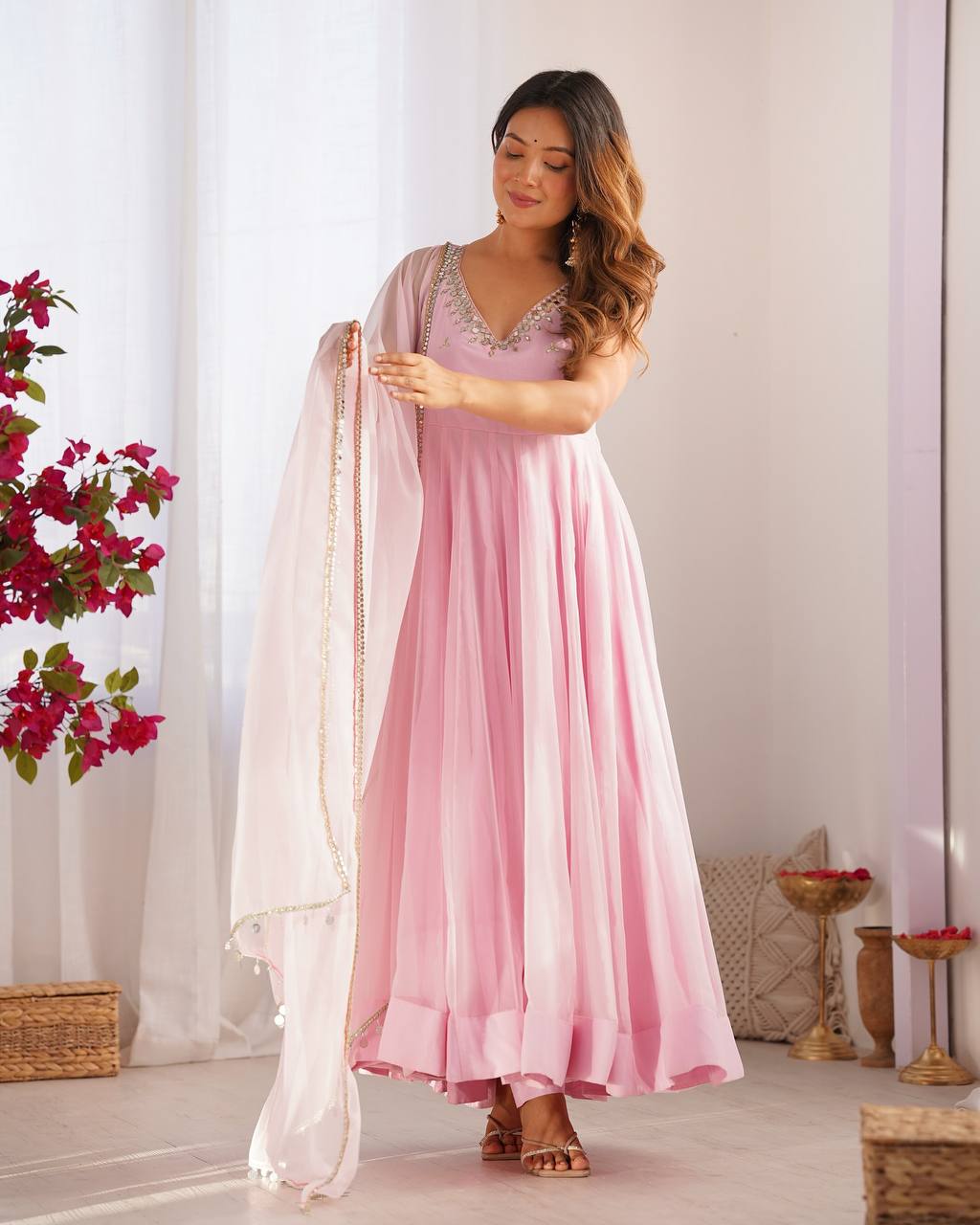 Soft Pink Floor-Length Anarkali Suit Set with Mirror Work, Zardozi &amp; Organza Dupatta