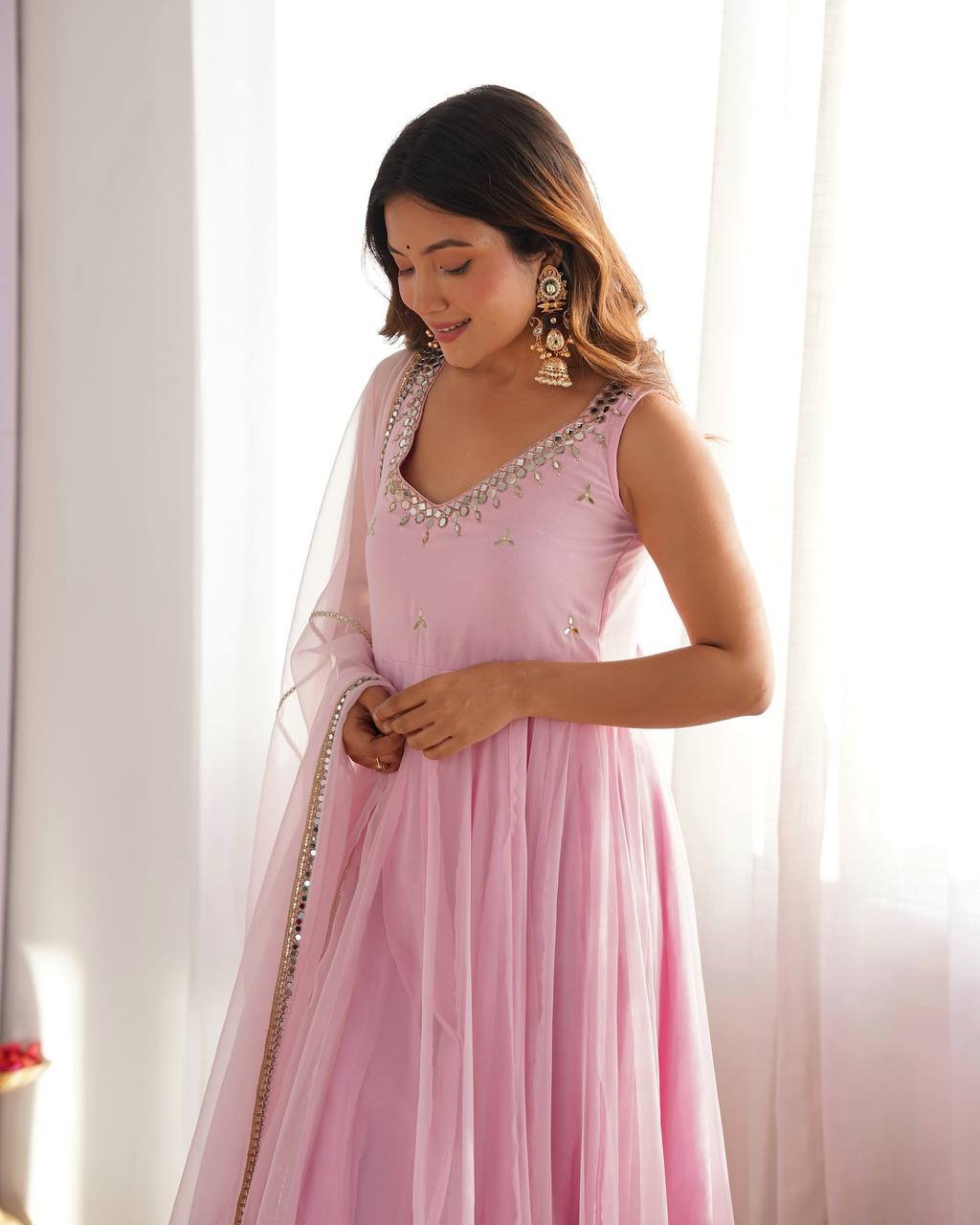 Soft Pink Floor-Length Anarkali Suit Set with Mirror Work, Zardozi &amp; Organza Dupatta