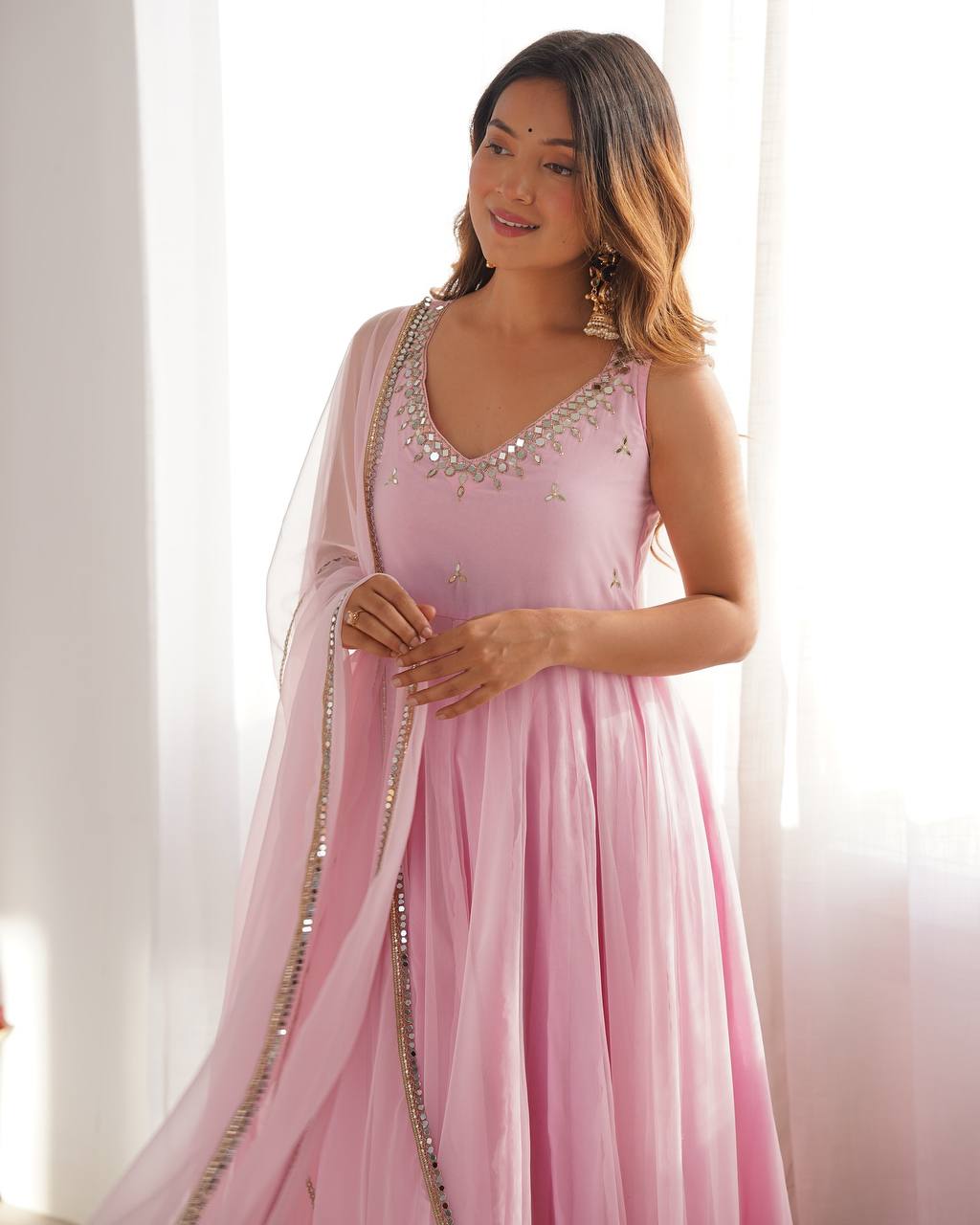 Soft Pink Floor-Length Anarkali Suit Set with Mirror Work, Zardozi &amp; Organza Dupatta