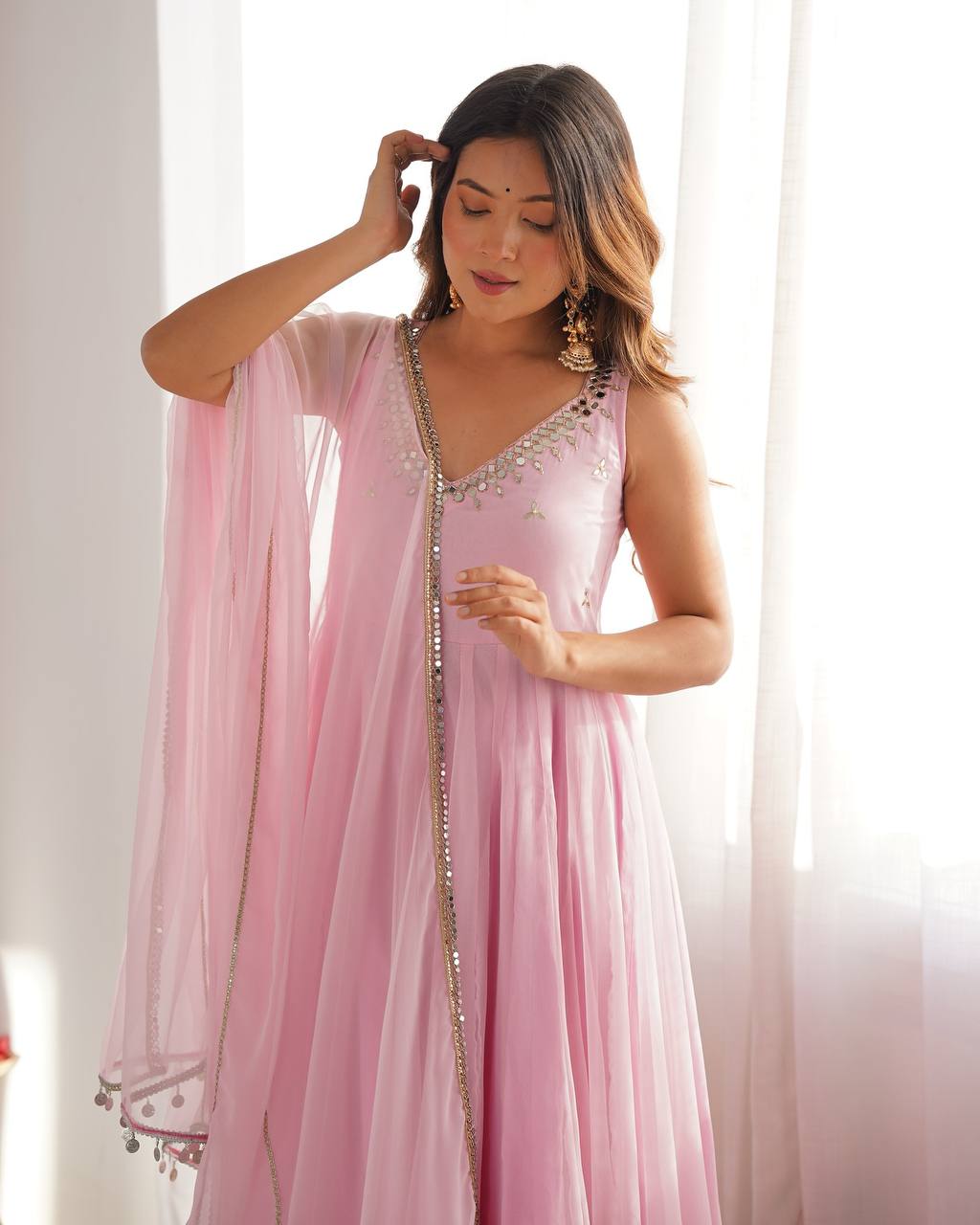 Soft Pink Floor-Length Anarkali Suit Set with Mirror Work, Zardozi &amp; Organza Dupatta