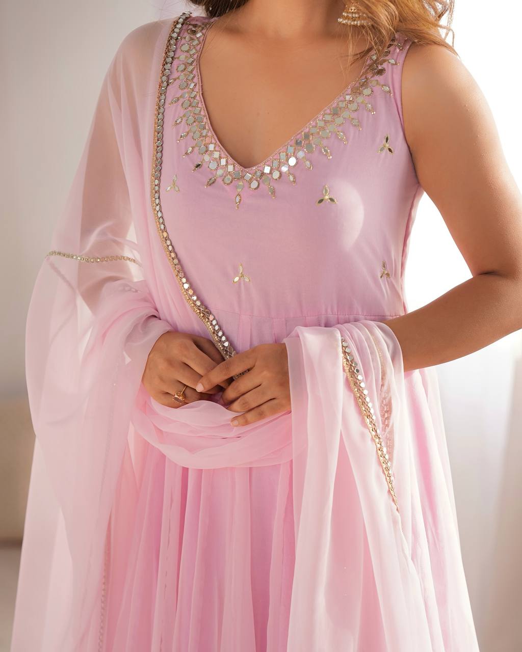 Soft Pink Floor-Length Anarkali Suit Set with Mirror Work, Zardozi &amp; Organza Dupatta
