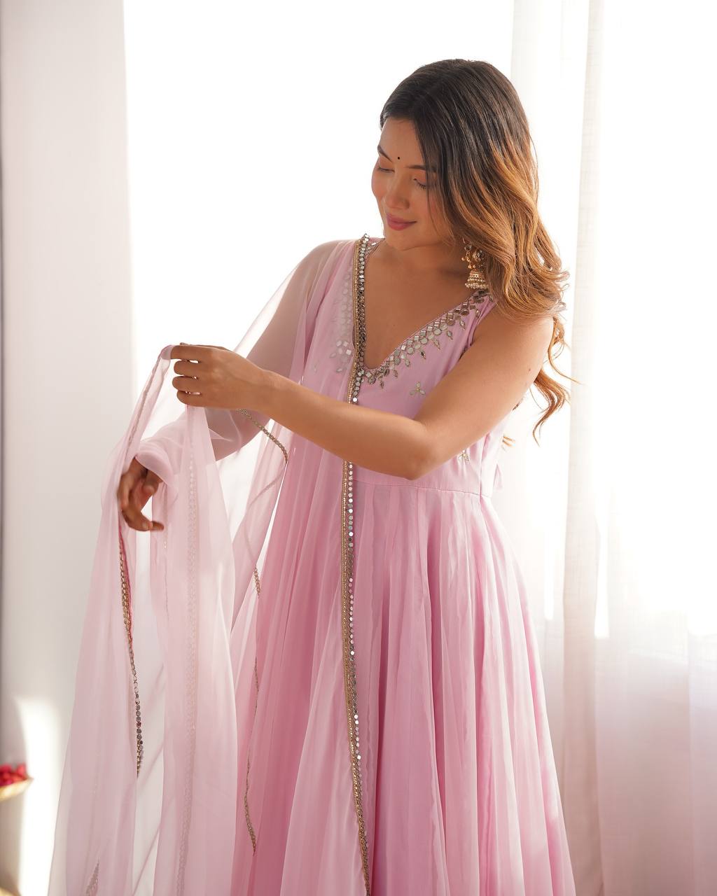Soft Pink Floor-Length Anarkali Suit Set with Mirror Work, Zardozi &amp; Organza Dupatta