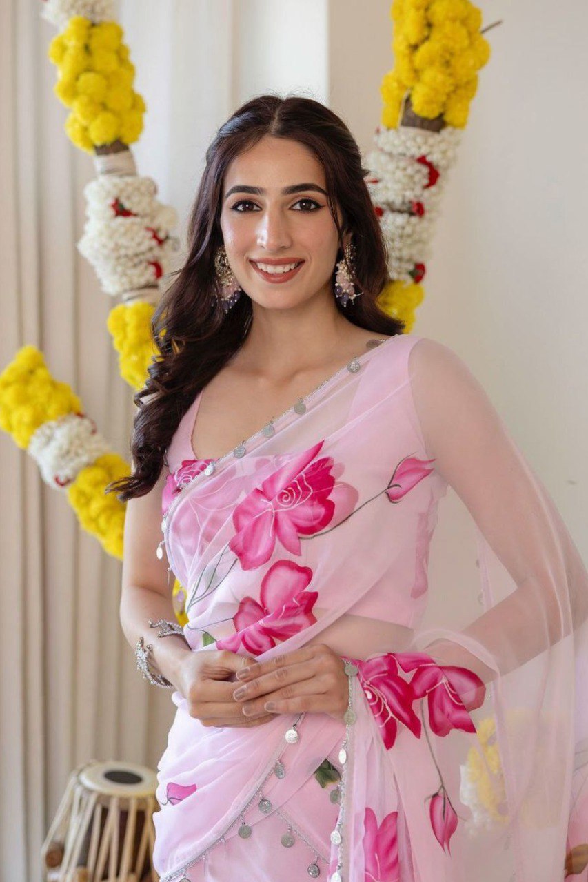 Pink Blossom Premium Teby Silk Digital Print Lehenga Saree