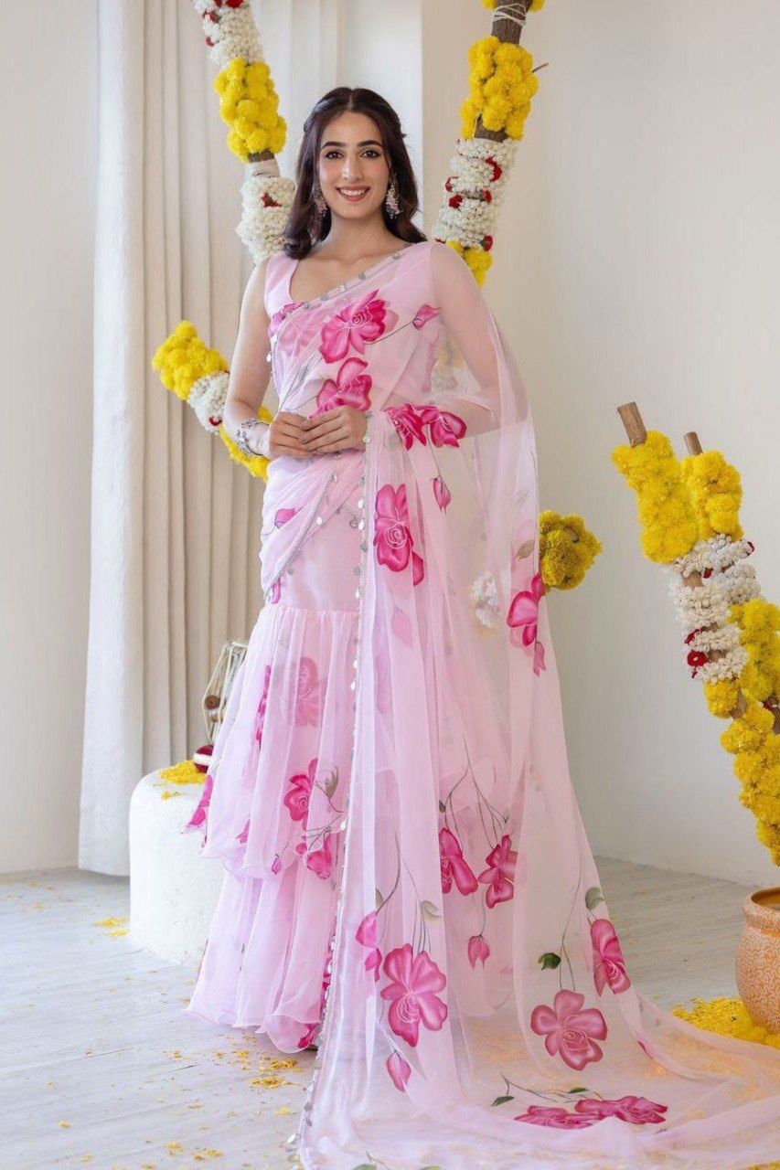 Pink Blossom Premium Teby Silk Digital Print Lehenga Saree