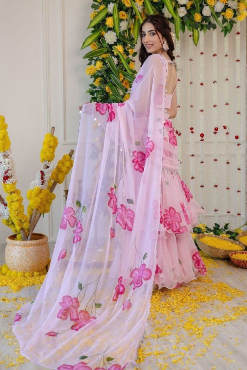 Pink Blossom Premium Teby Silk Digital Print Lehenga Saree