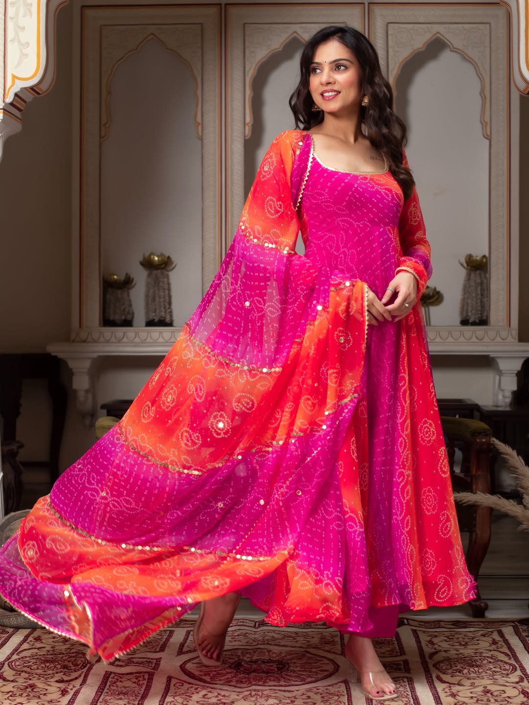 Anarkali Suit Bandhani Print Fancy Set – Pink & Orange | Festive Ethnic Wear for Women