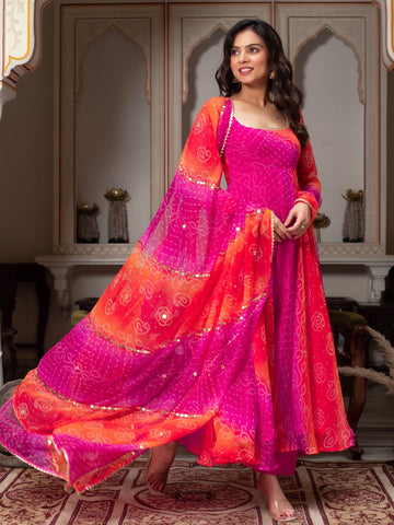 Anarkali Suit Bandhani Print Fancy Set – Pink & Orange | Festive Ethnic Wear for Women