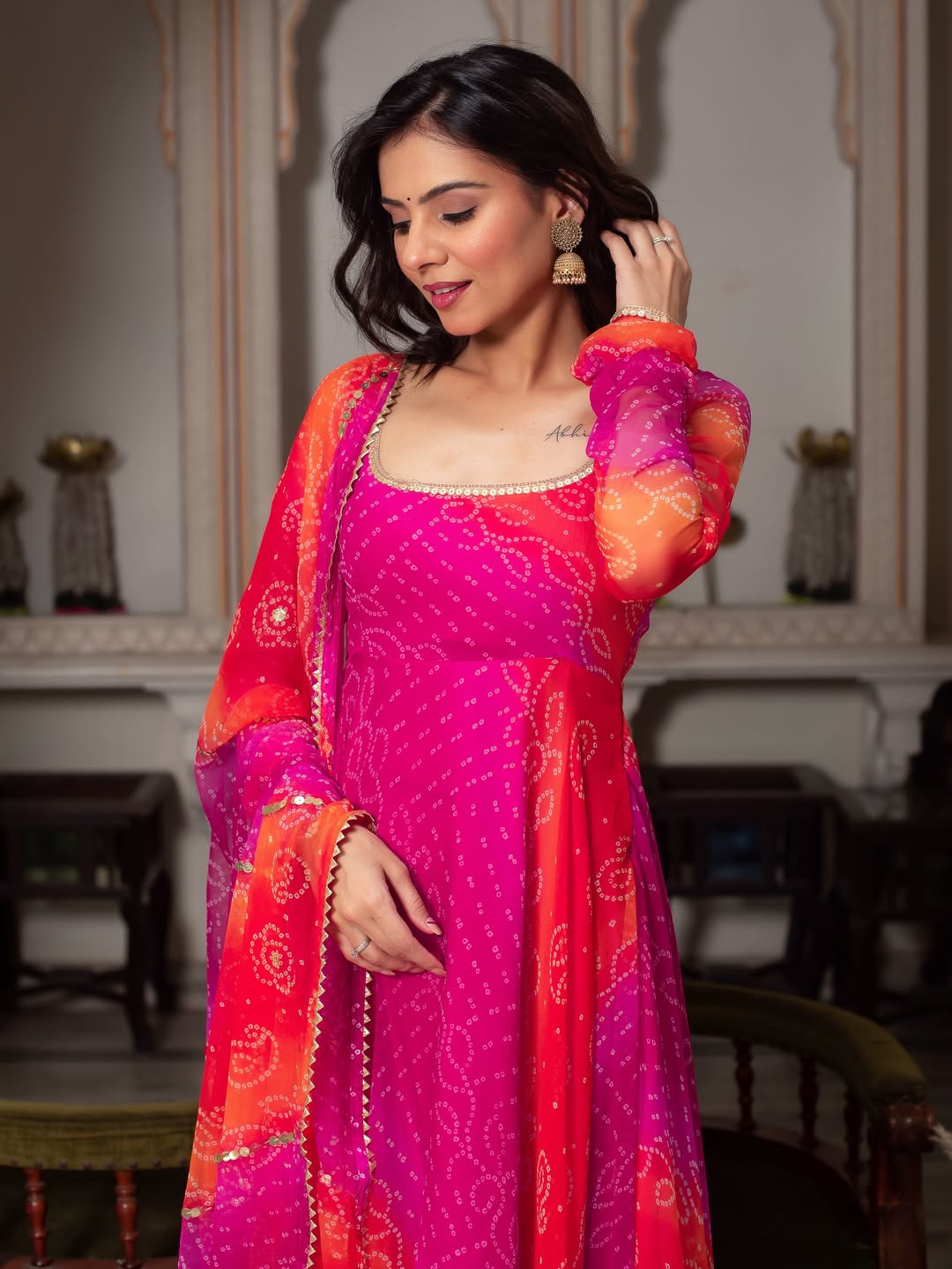 Anarkali Suit Bandhani Print Fancy Set – Pink & Orange | Festive Ethnic Wear for Women