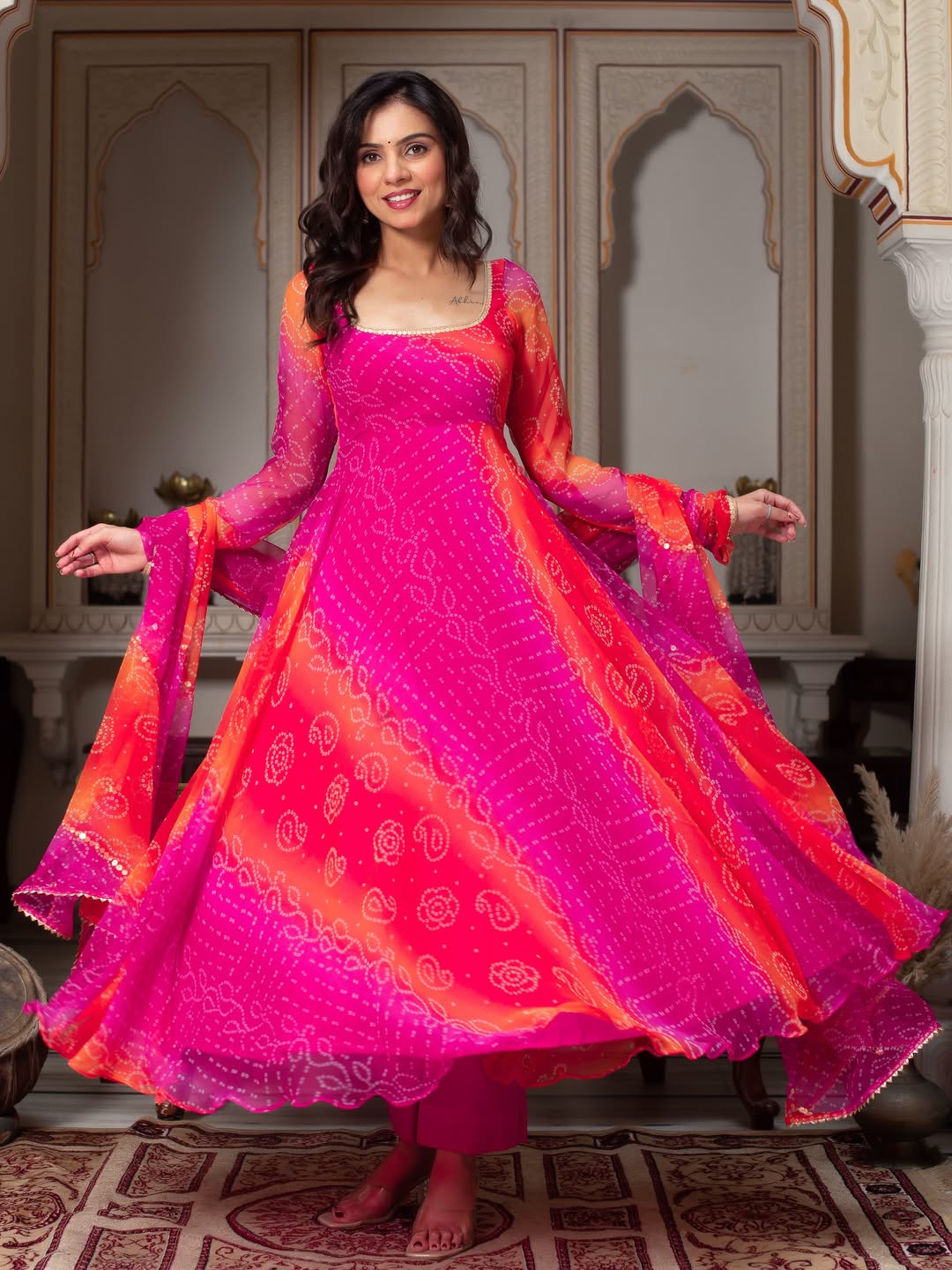 Anarkali Suit Bandhani Print Fancy Set – Pink & Orange | Festive Ethnic Wear for Women