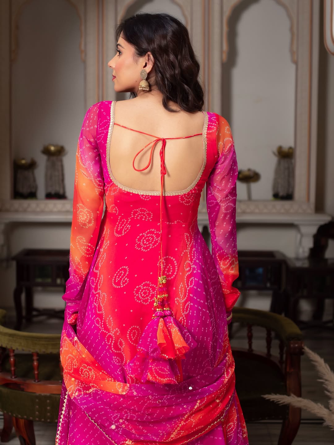 Anarkali Suit Bandhani Print Fancy Set – Pink & Orange | Festive Ethnic Wear for Women