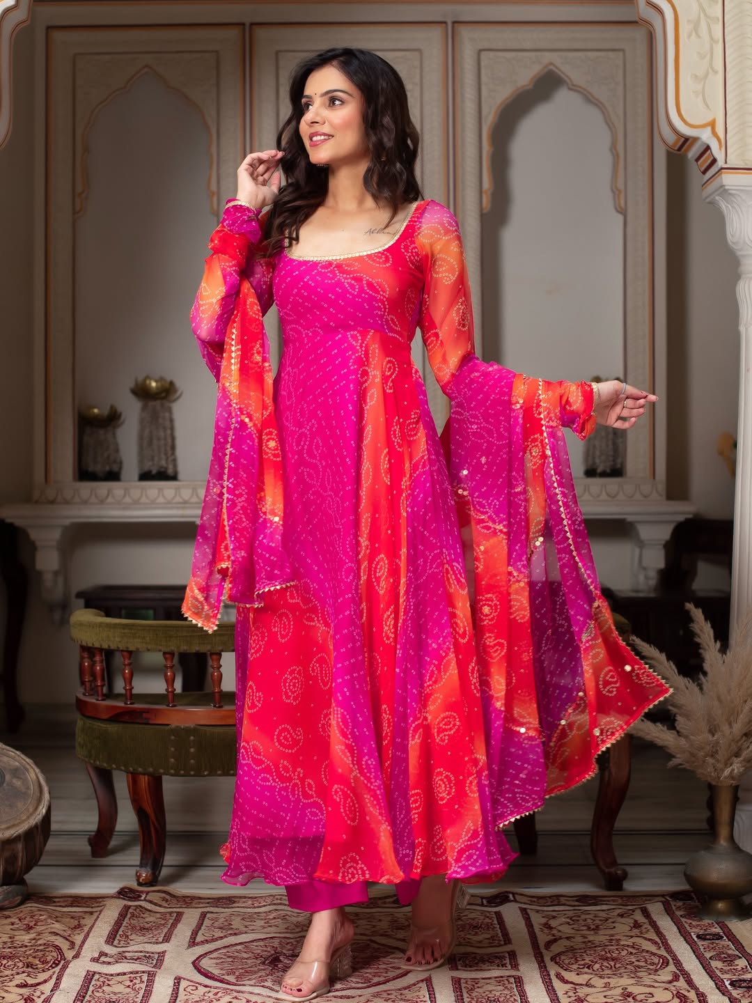 Anarkali Suit Bandhani Print Fancy Set – Pink & Orange | Festive Ethnic Wear for Women