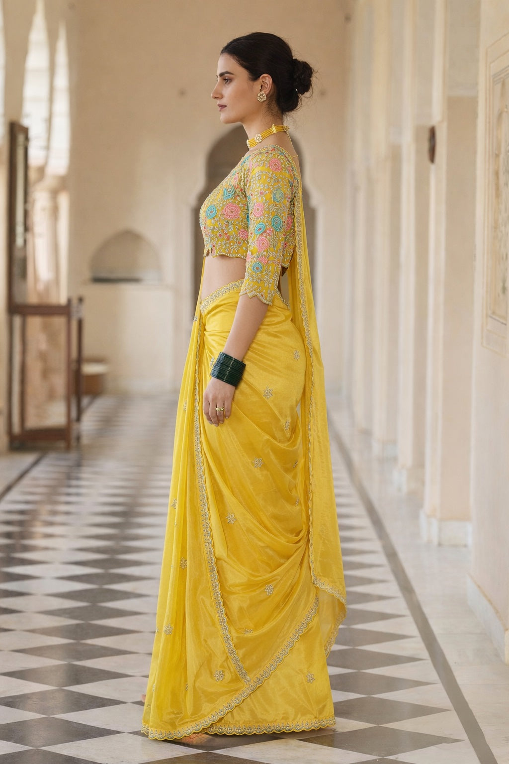 Elegant Designer Yellow Organza Saree with Traditional Thread & Sequins Work