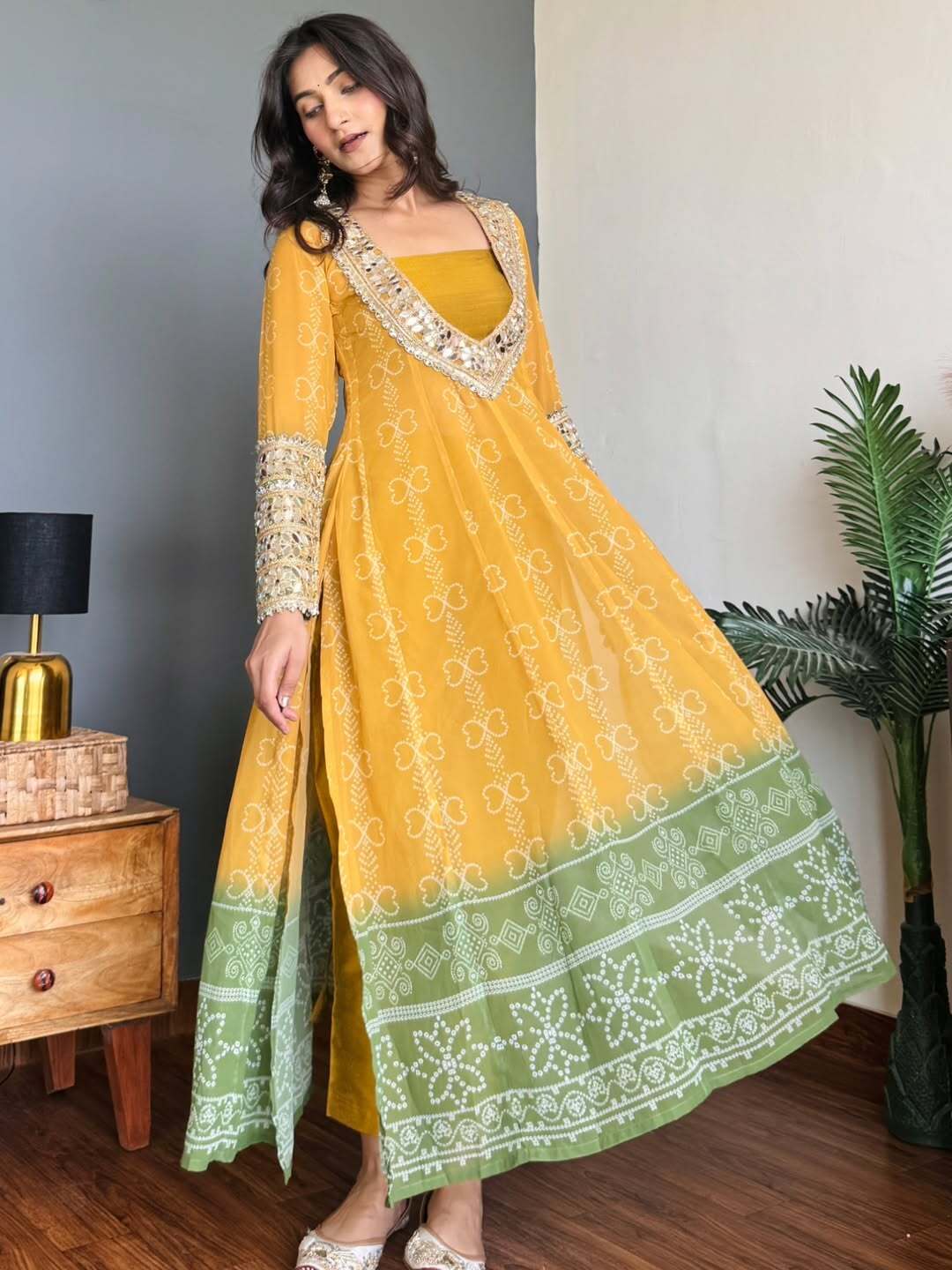 Mustard Yellow & Green Faux Georgette Kurti Set with Mirror Work | 3-Piece Festive Wear
