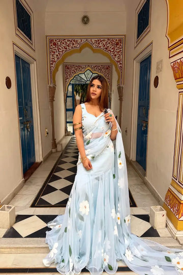 Sky Blue Premium Georgette Printed Lehenga Saree