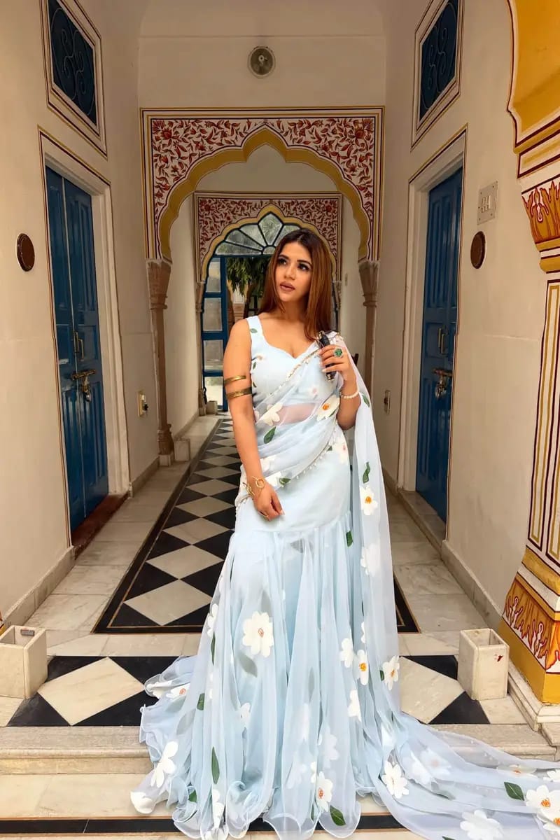 Sky Blue Premium Georgette Printed Lehenga Saree