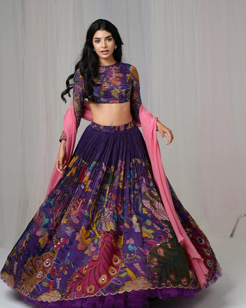Kalamkari Lehenga Set with Peacock Motif and Pink Dupatta Traditional Purple