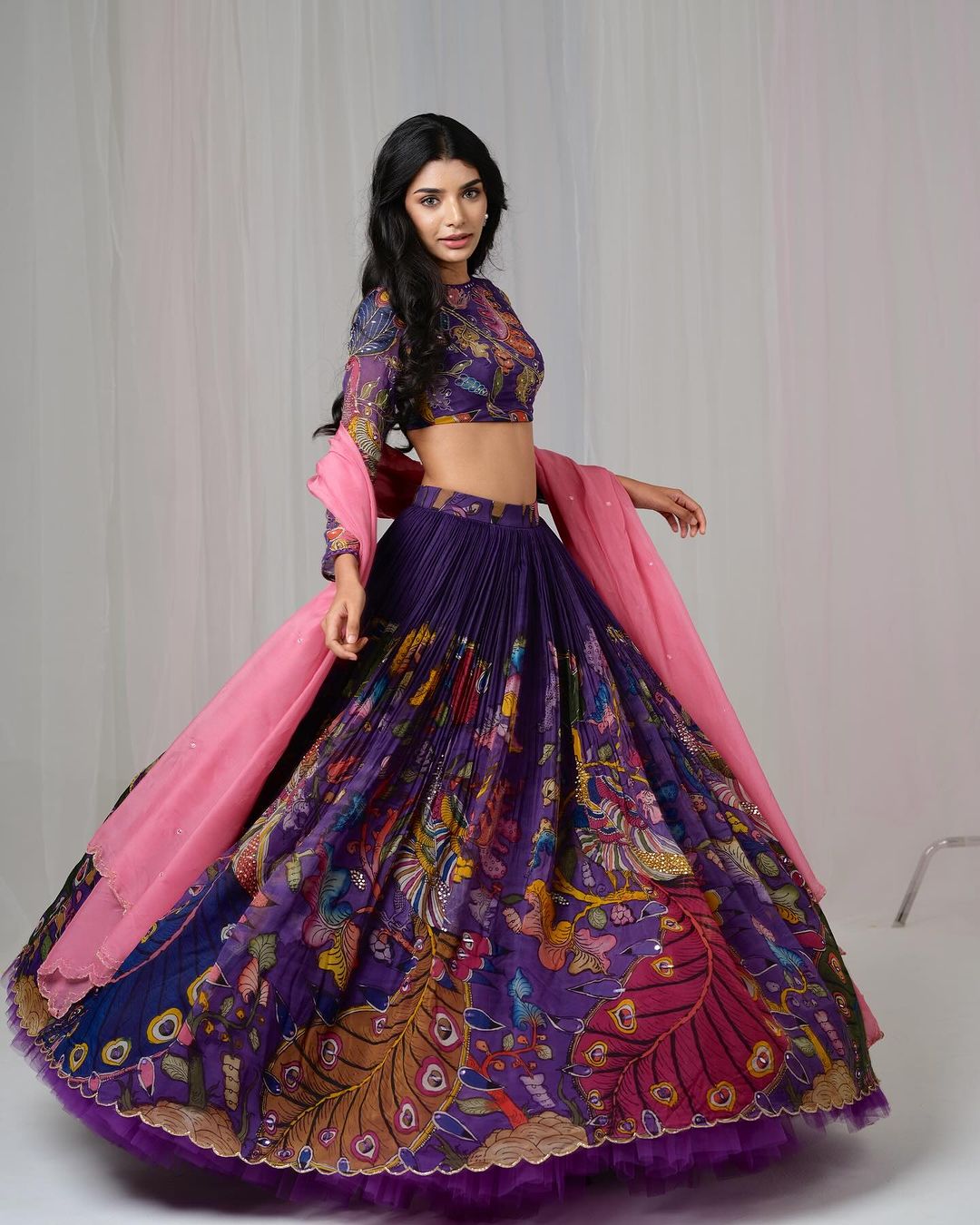 Kalamkari Lehenga Set with Peacock Motif and Pink Dupatta Traditional Purple