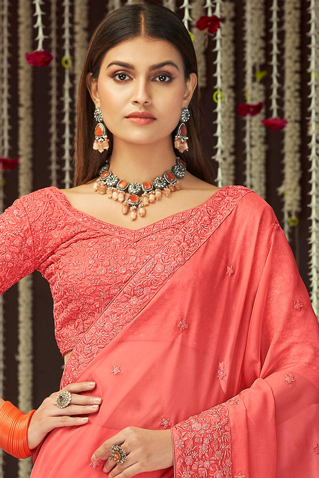 Peach Pink Designer Georgette Ethnic Wear