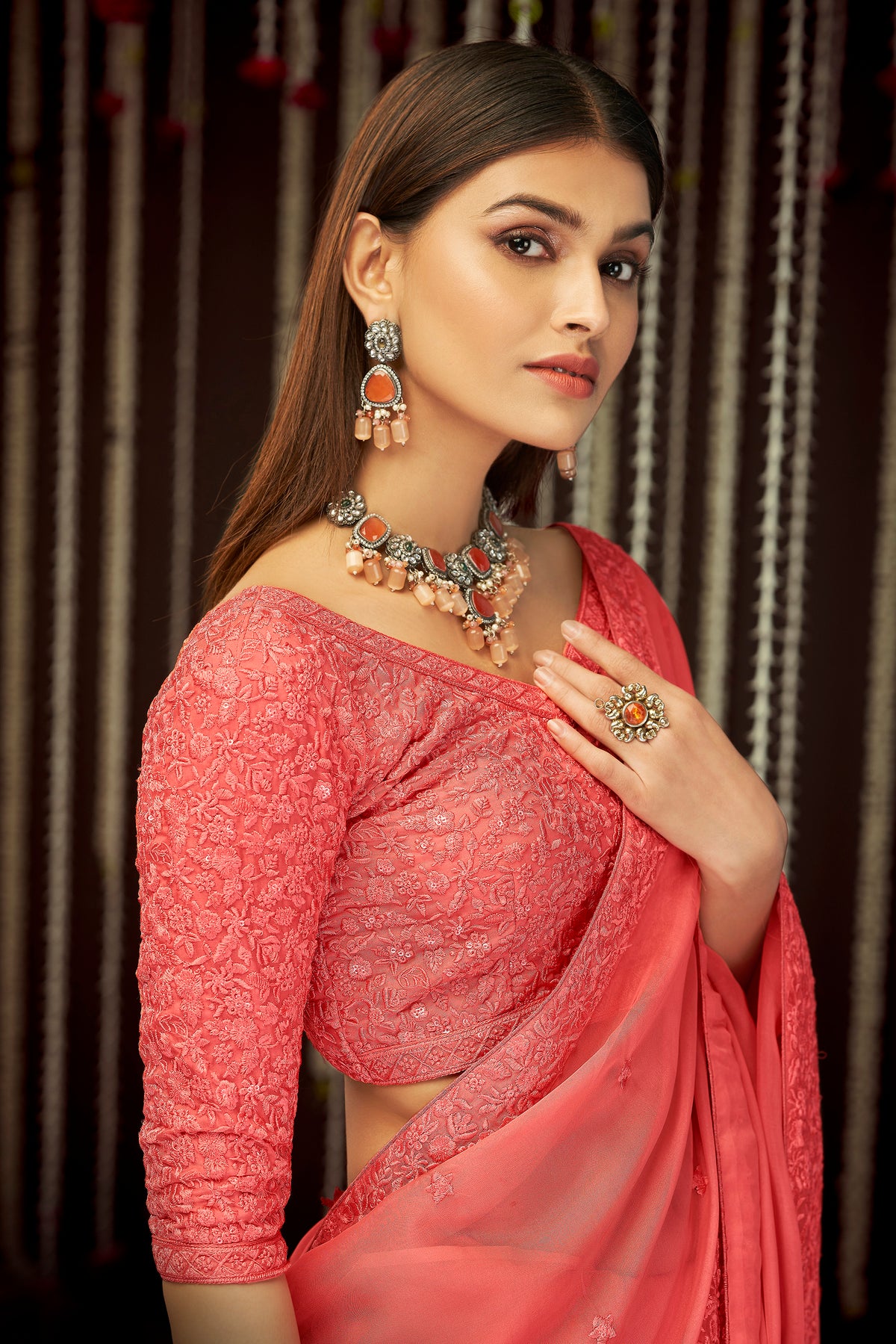 Peach Pink Designer Georgette Ethnic Wear