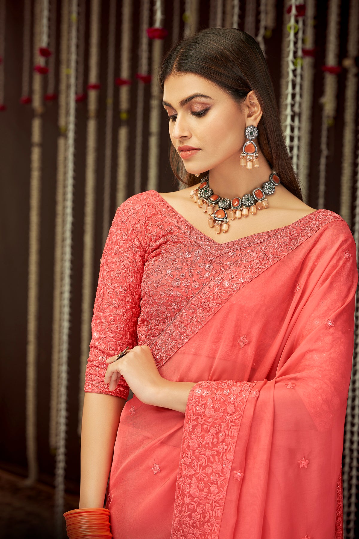 Peach Pink Designer Georgette Ethnic Wear