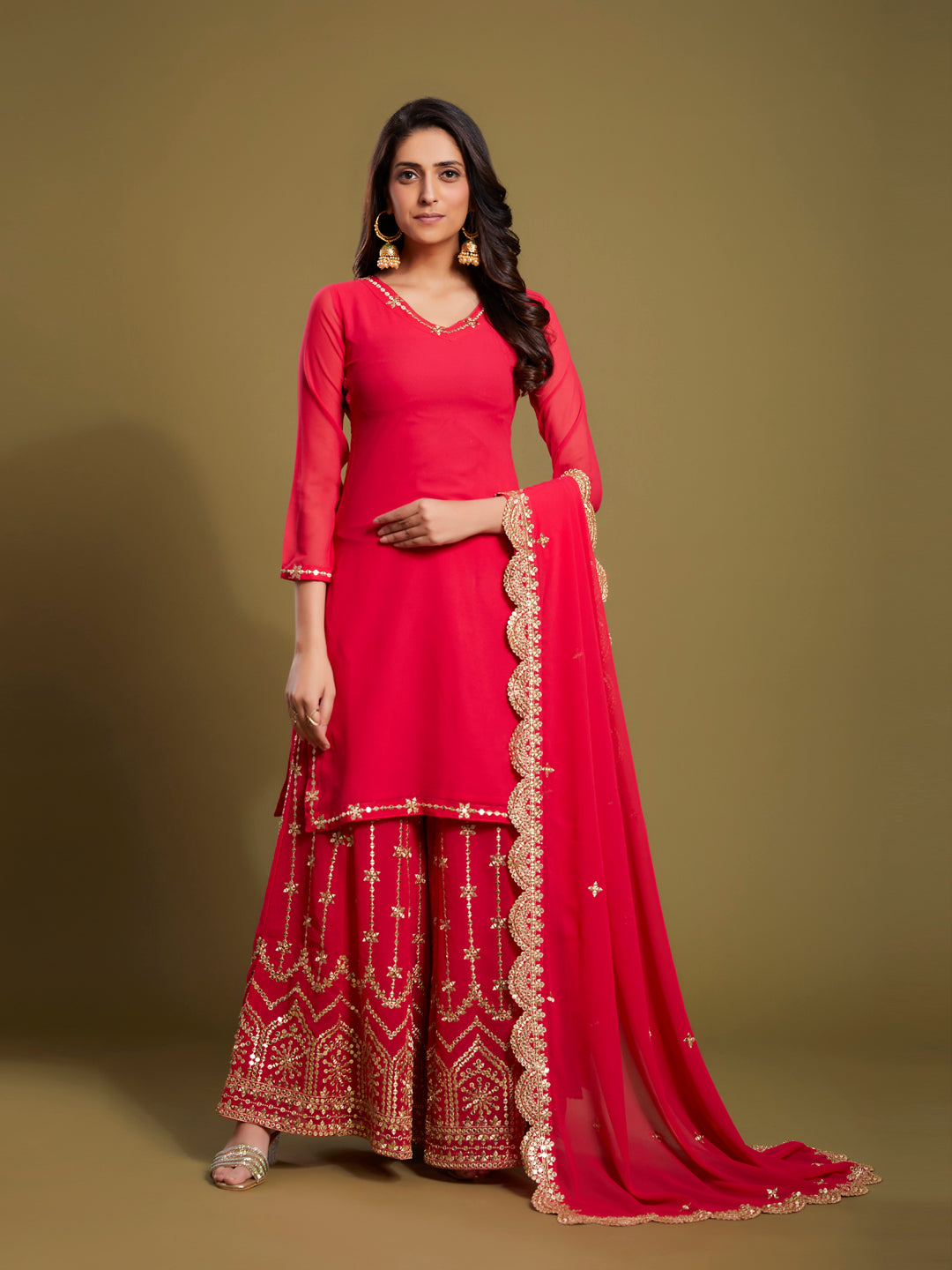 Premium Pink Georgette 3-Piece Sequins & Zari Work Set