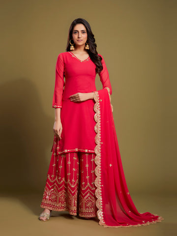 Premium Pink Georgette 3-Piece Sequins & Zari Work Set