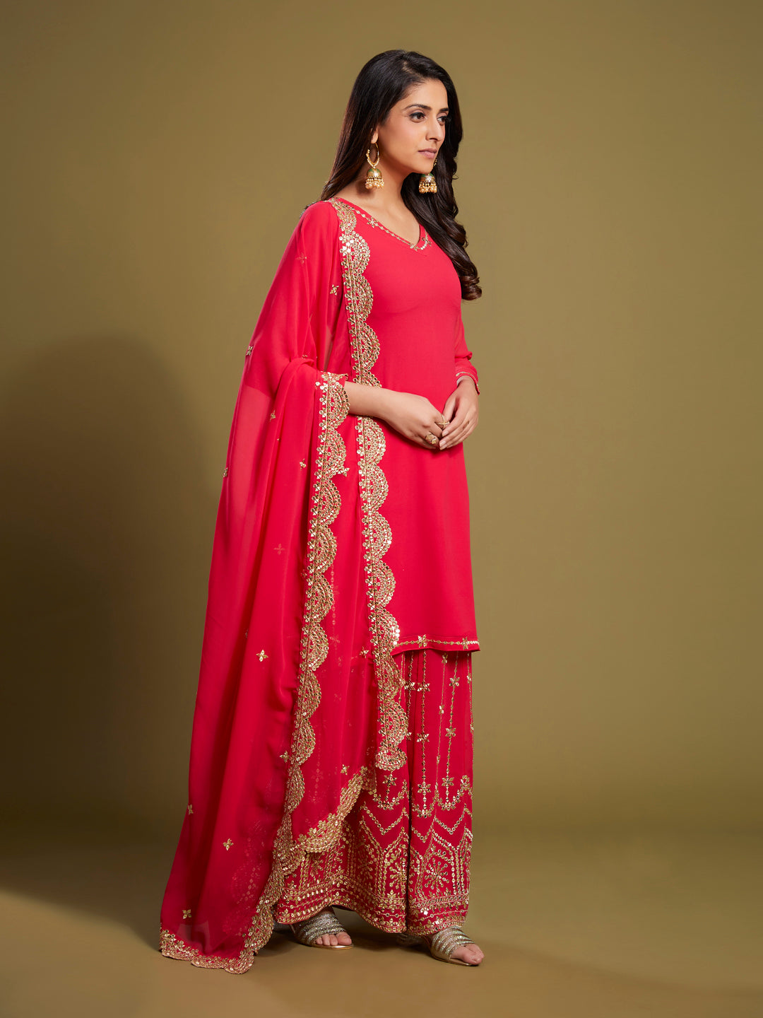 Premium Pink Georgette 3-Piece Sequins & Zari Work Set