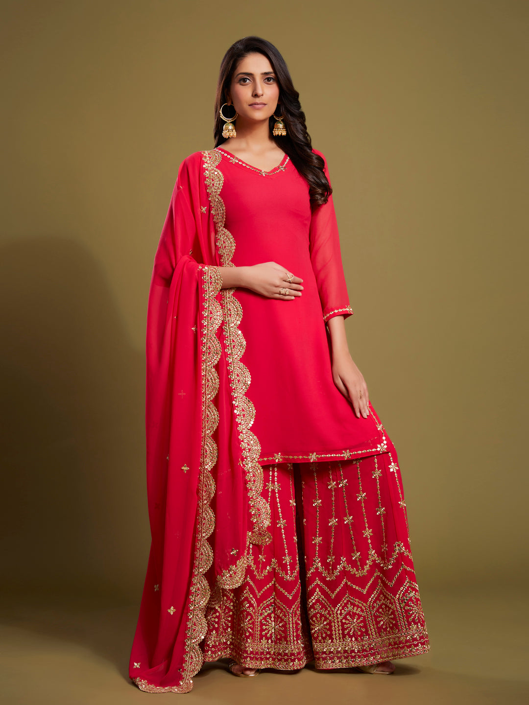 Premium Pink Georgette 3-Piece Sequins & Zari Work Set
