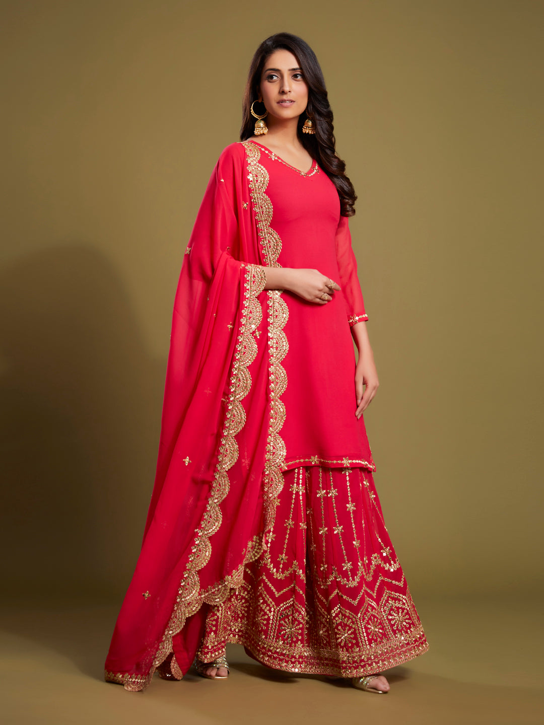 Premium Pink Georgette 3-Piece Sequins & Zari Work Set
