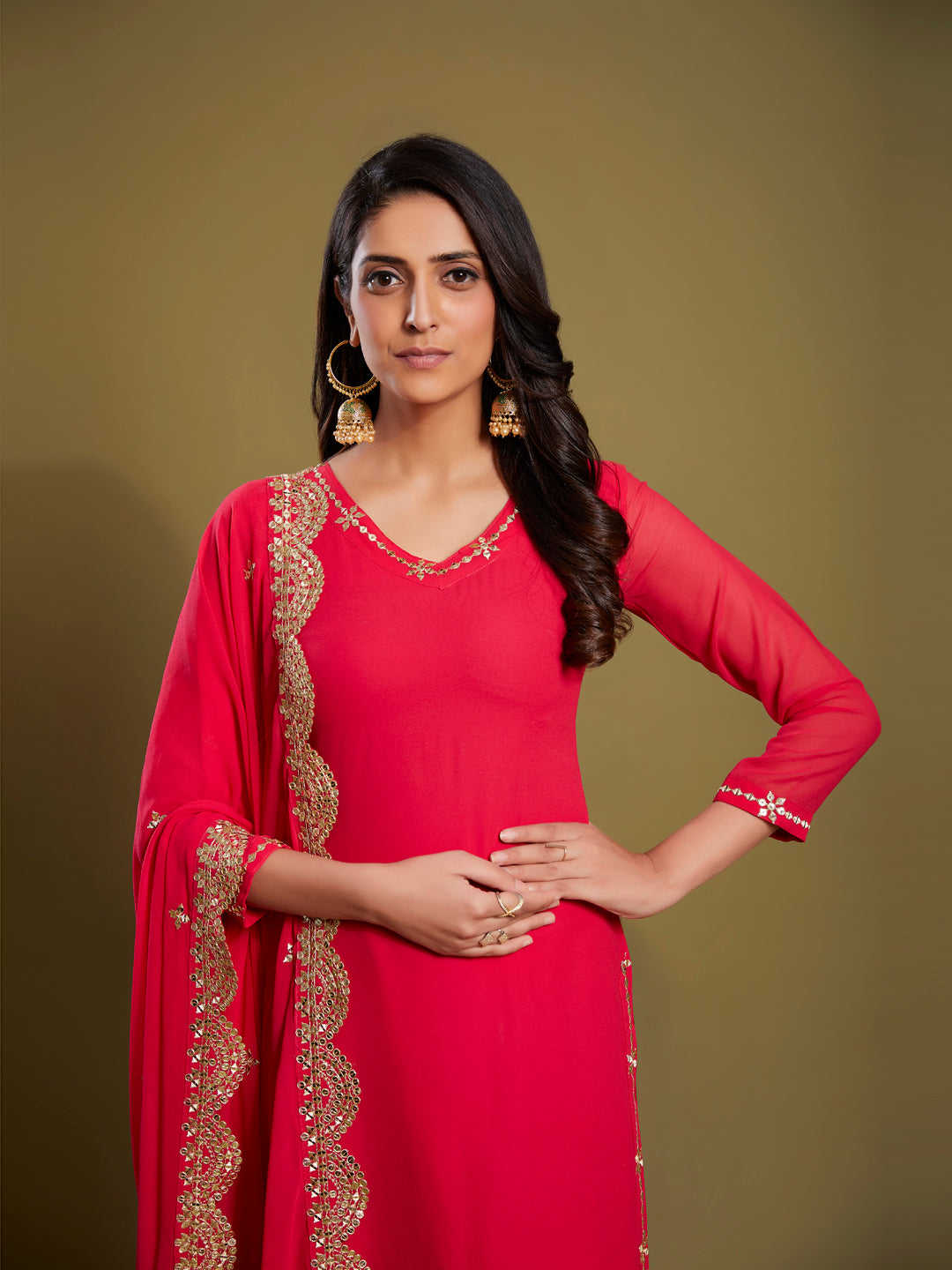 Premium Pink Georgette 3-Piece Sequins & Zari Work Set