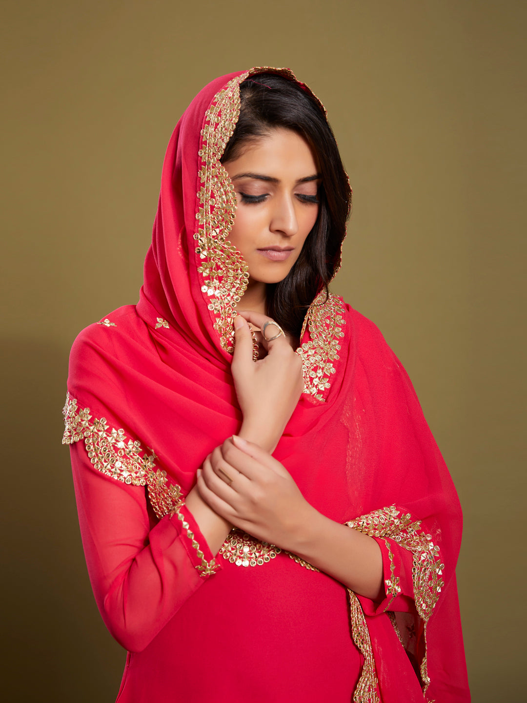 Premium Pink Georgette 3-Piece Sequins & Zari Work Set