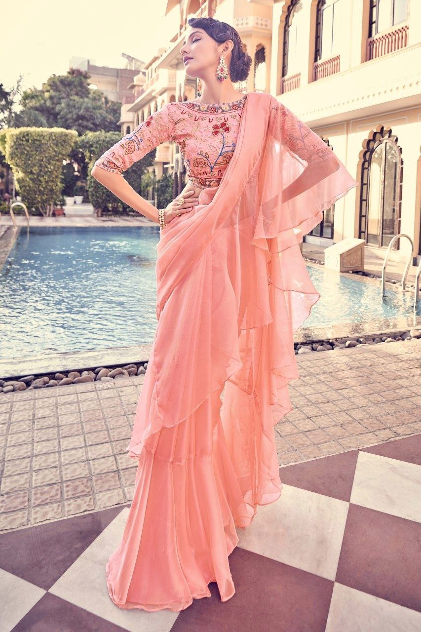 Luxury Peach Pink Organza Saree With Intricate Thread & Sequin Work